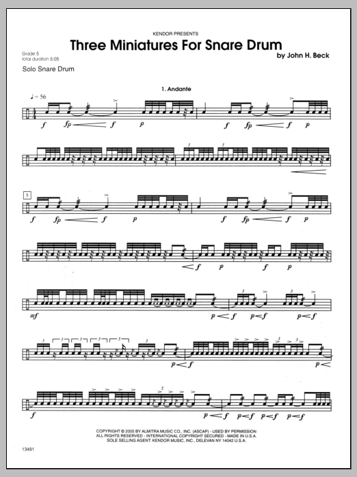 Download John H. Beck Three Miniatures For Snare Drum Sheet Music