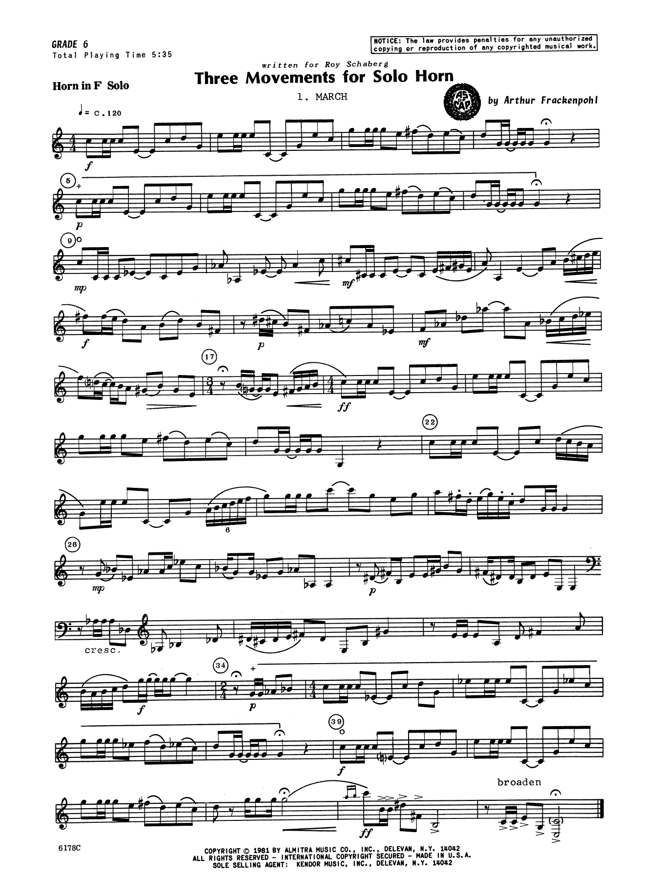 Download Arthur Frankenpohl Three Movements For Solo Horn Sheet Music
