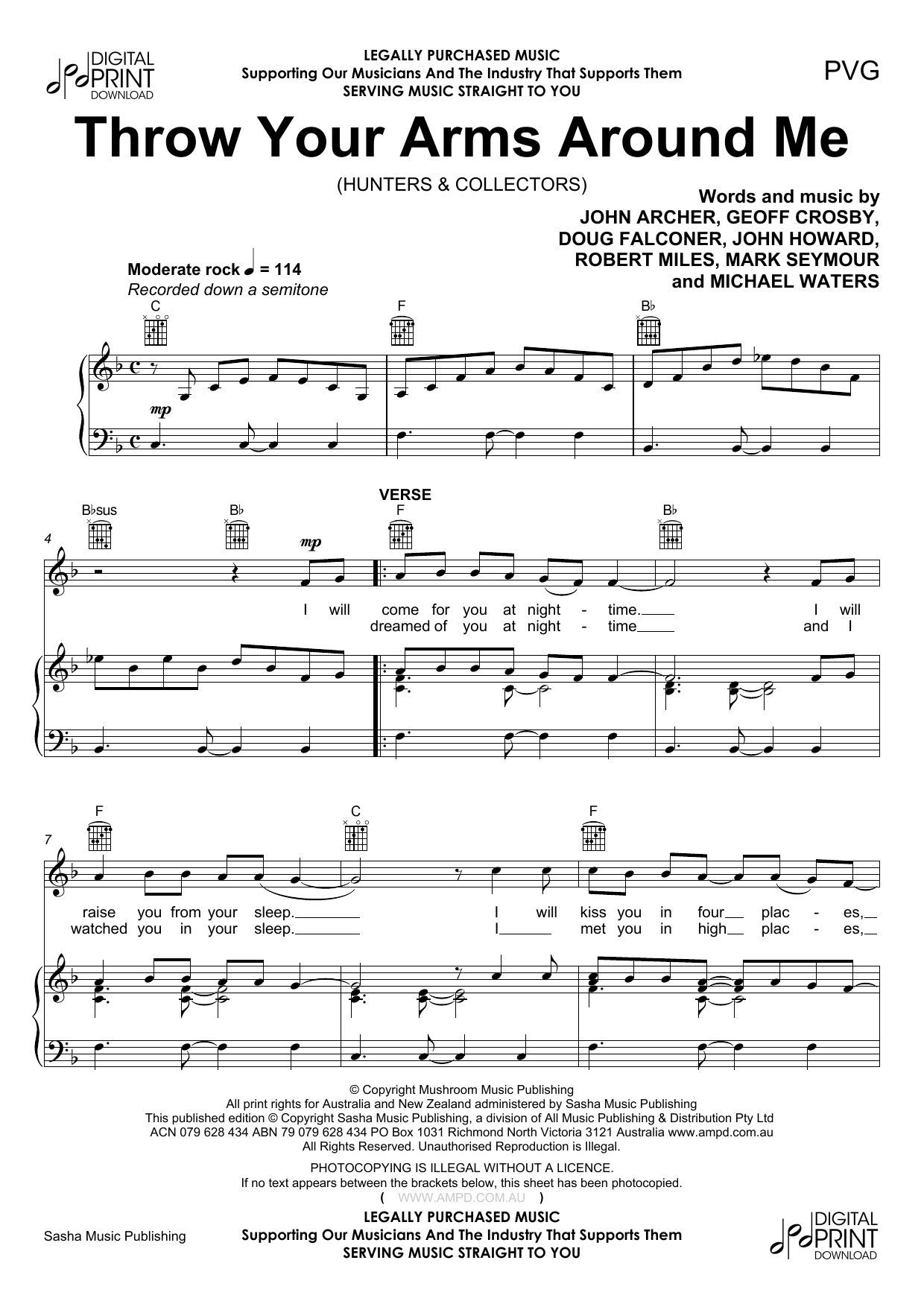 Download Hunters & Collectors Throw Your Arms Around Me Sheet Music