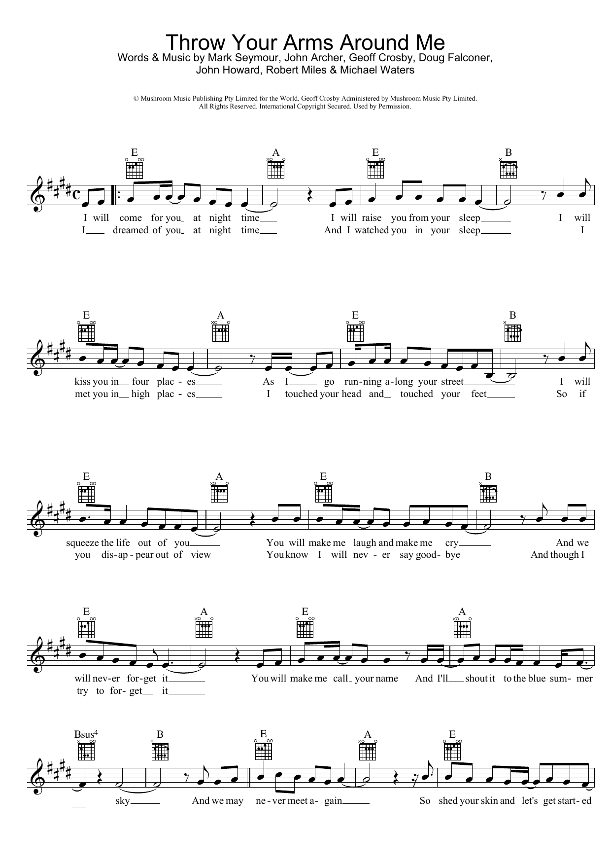 Download Hunters & Collectors Throw Your Arms Around Me Sheet Music