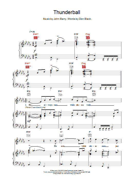 Tom Jones Thunderball (theme from the James Bond film) sheet music notes printable PDF score