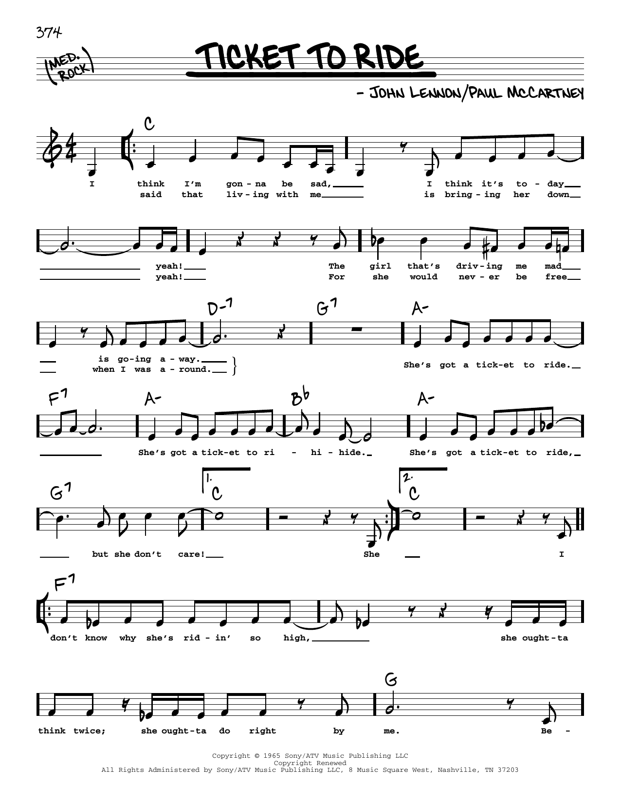 Download The Beatles Ticket To Ride (Low Voice) Sheet Music