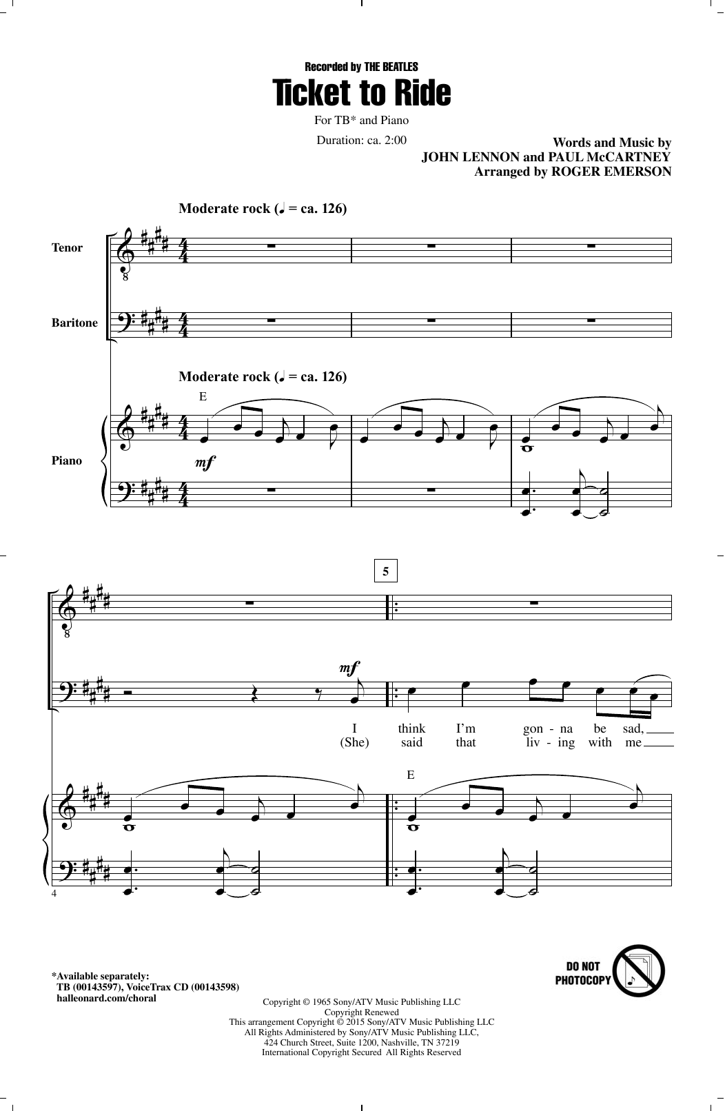 Download Roger Emerson Ticket To Ride Sheet Music