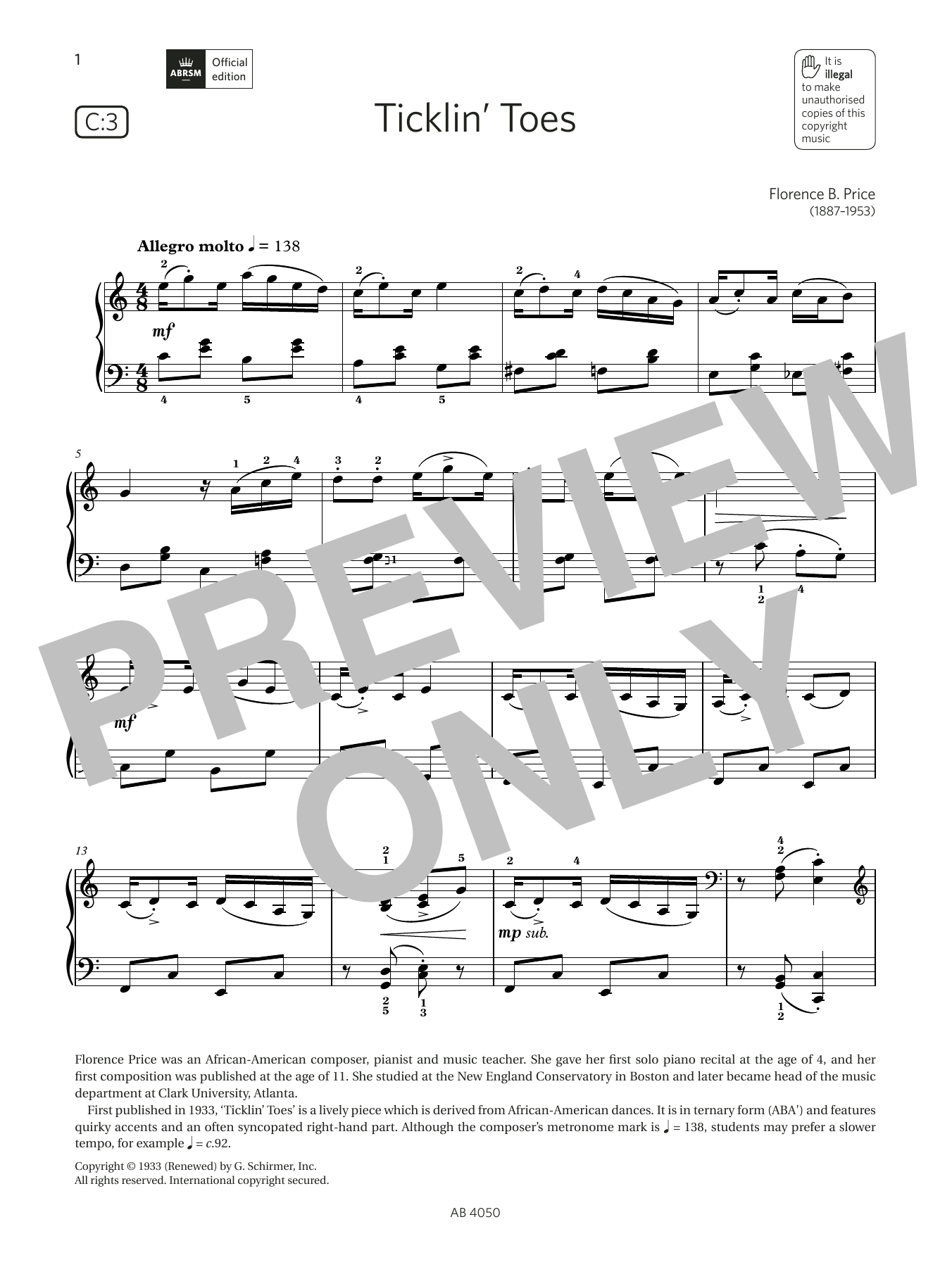 Download Florence B Price Ticklin Toes (Grade 4, list C3, from th Sheet Music
