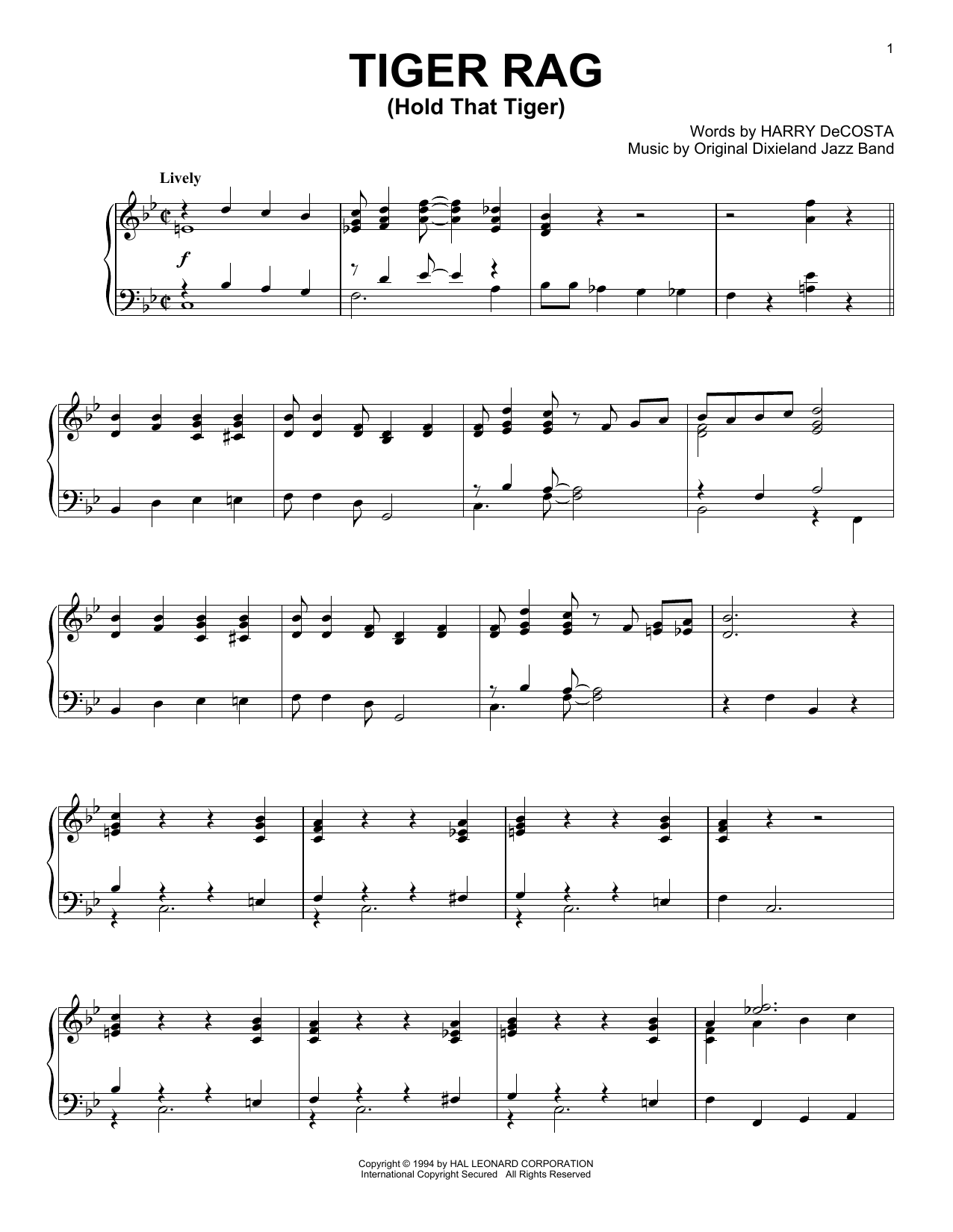 Original Dixieland Jazz Band Tiger Rag (Hold That Tiger) sheet music notes printable PDF score