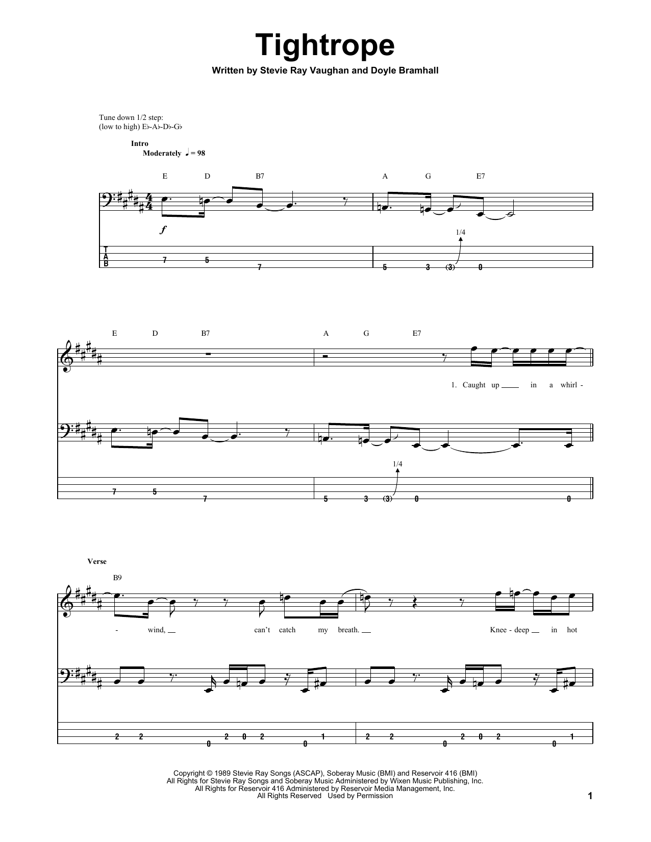 Download Stevie Ray Vaughan Tightrope Sheet Music