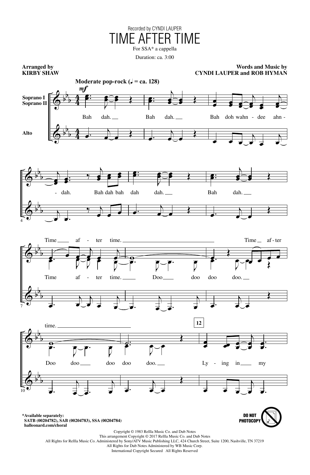 Download Cyndi Lauper Time After Time (arr. Kirby Shaw) Sheet Music