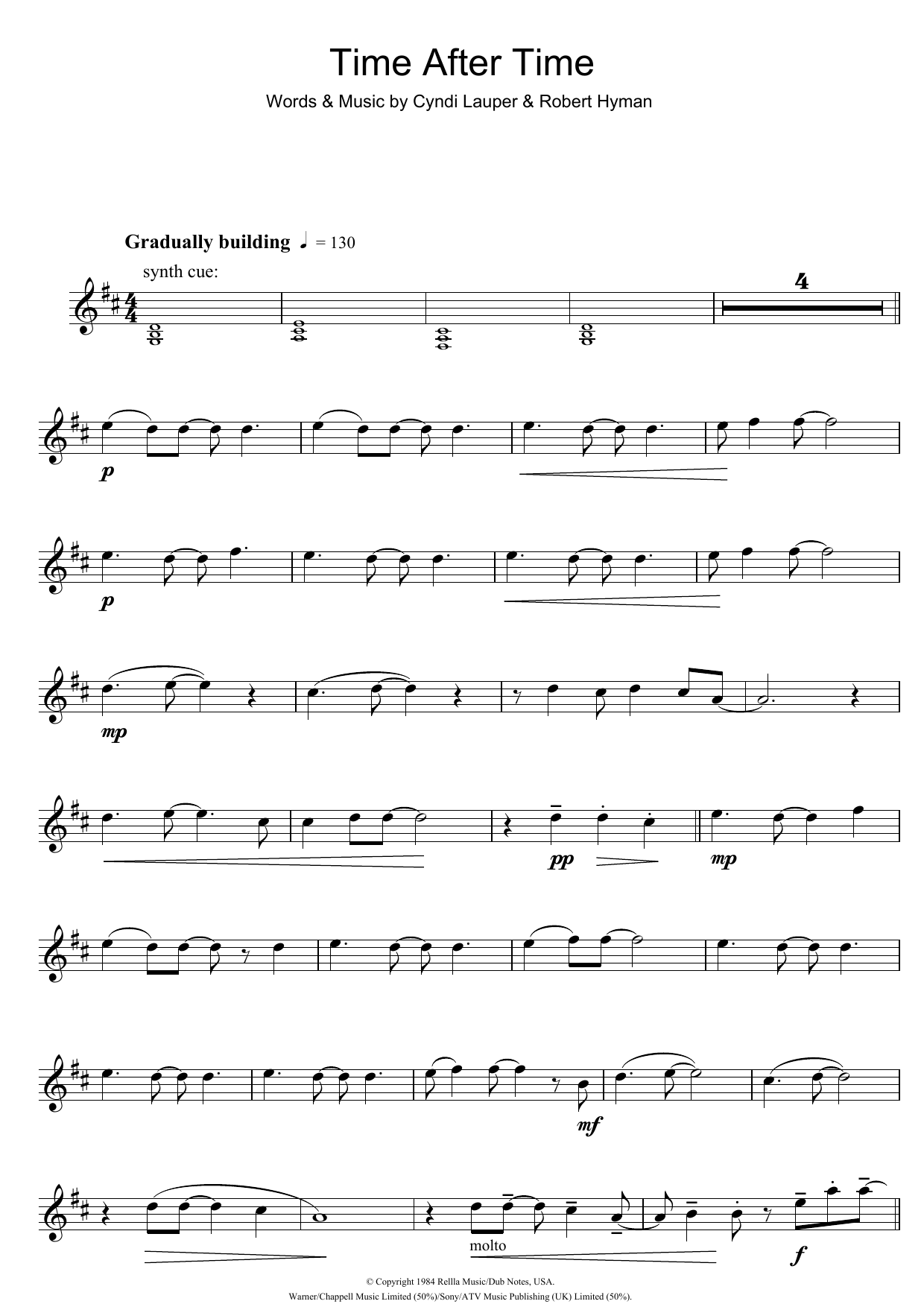Download Cyndi Lauper Time After Time Sheet Music