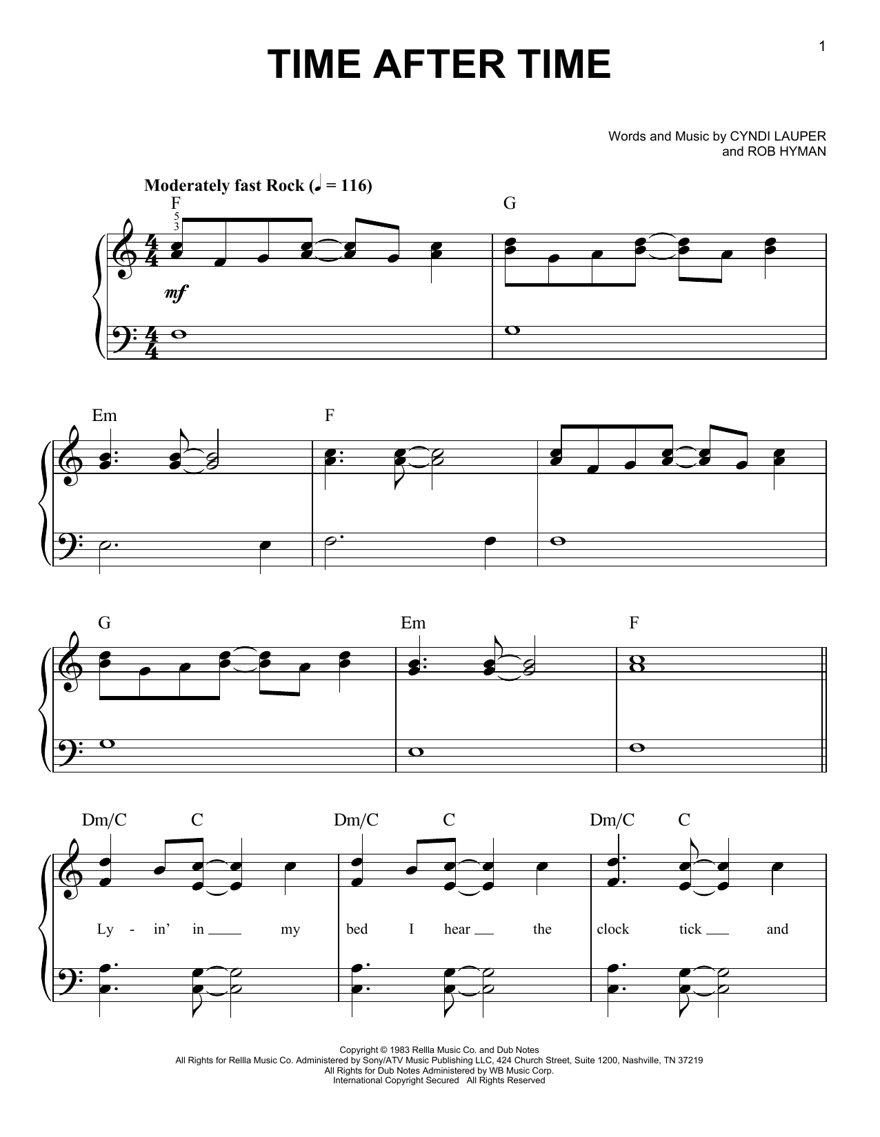Download Cyndi Lauper Time After Time Sheet Music