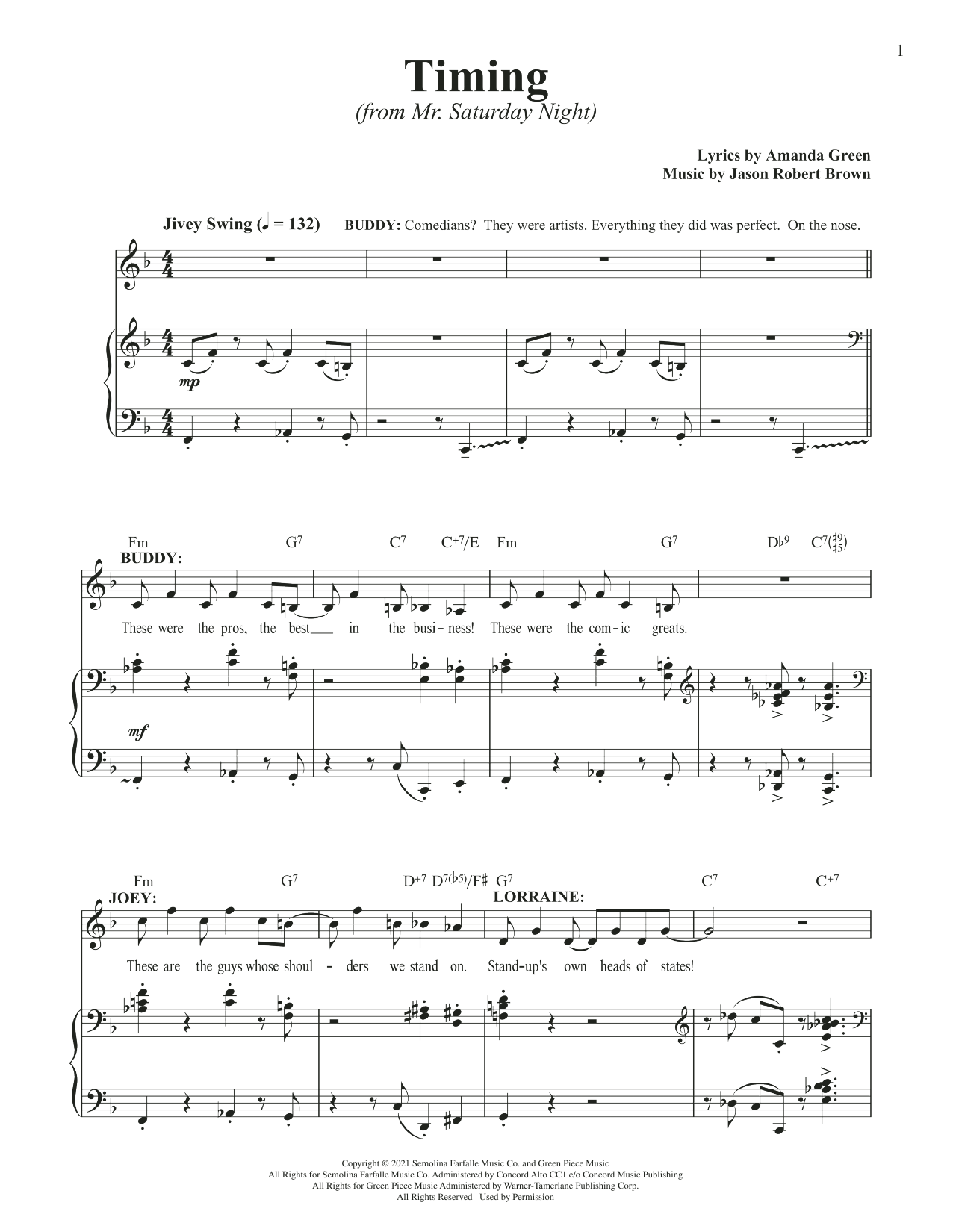 Jason Robert Brown and Amanda Green Timing (from Mr. Saturday Night) sheet music notes printable PDF score