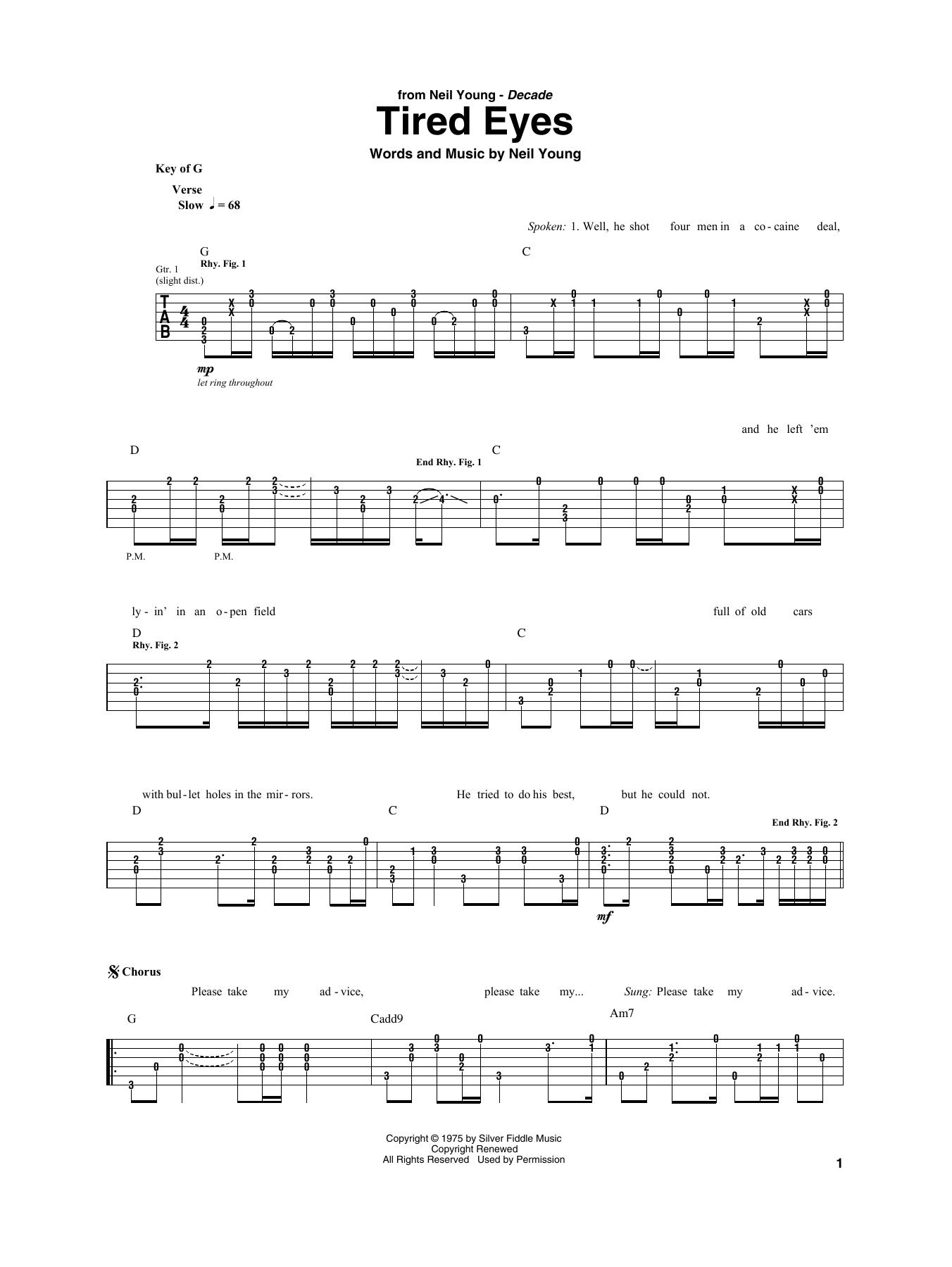Download Neil Young Tired Eyes Sheet Music