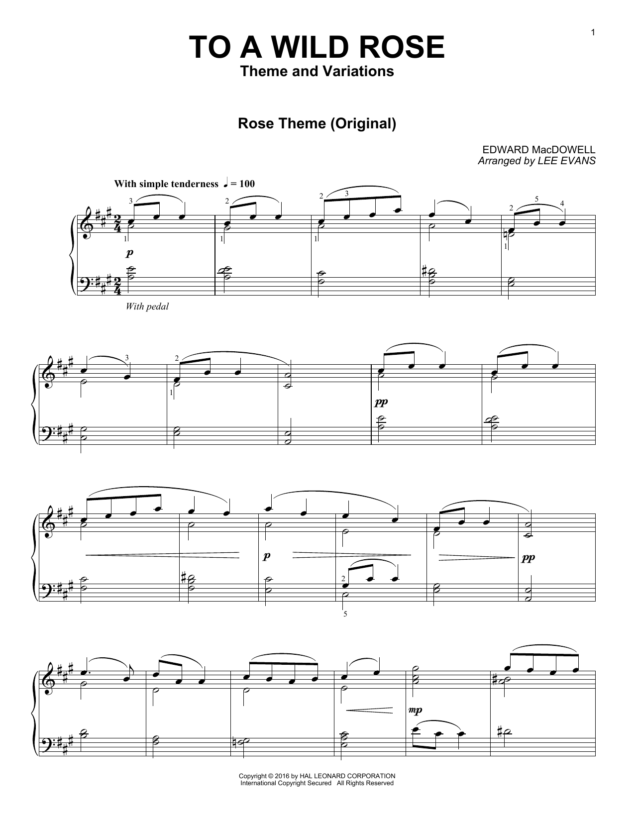 Download Lee Evans To A Wild Rose Sheet Music
