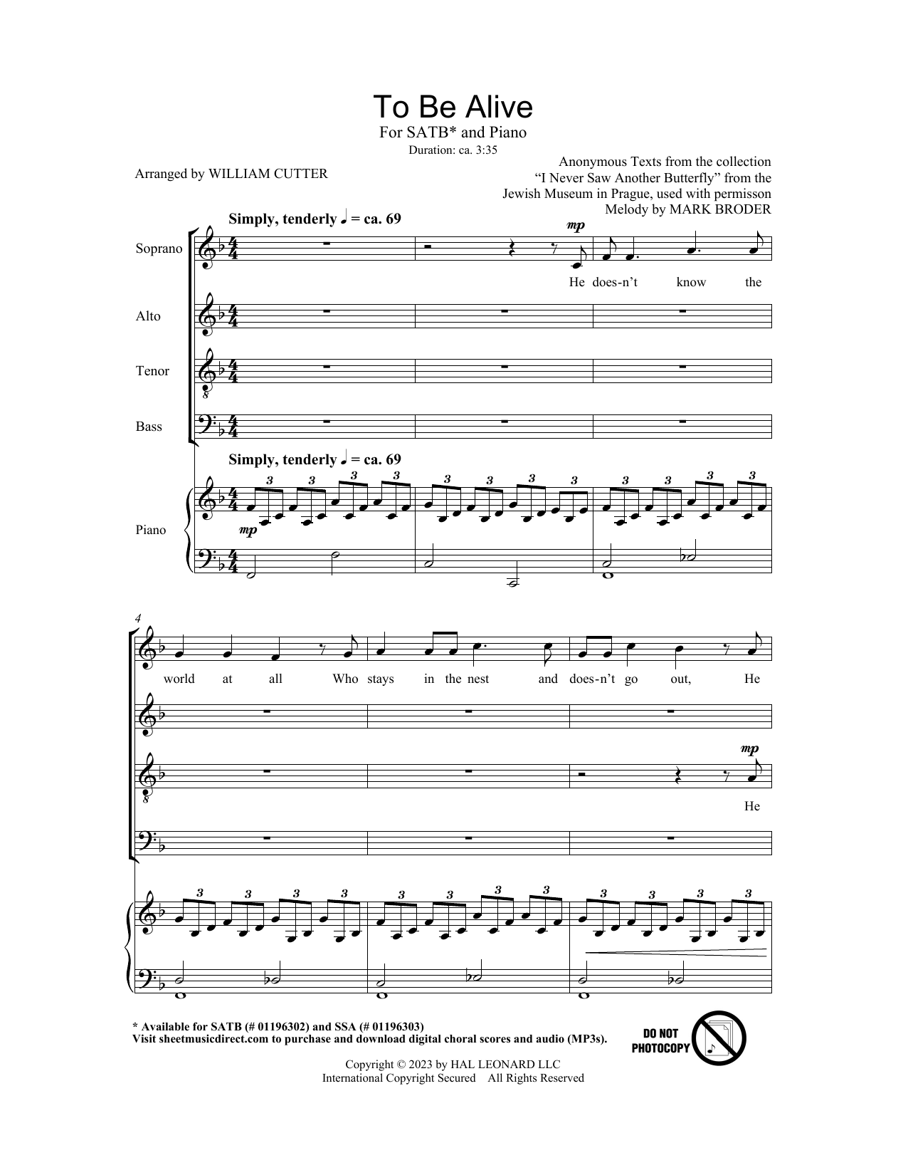 Mark Broder To Be Alive (Birdsong) (arr. Bill Cutler) sheet music notes printable PDF score