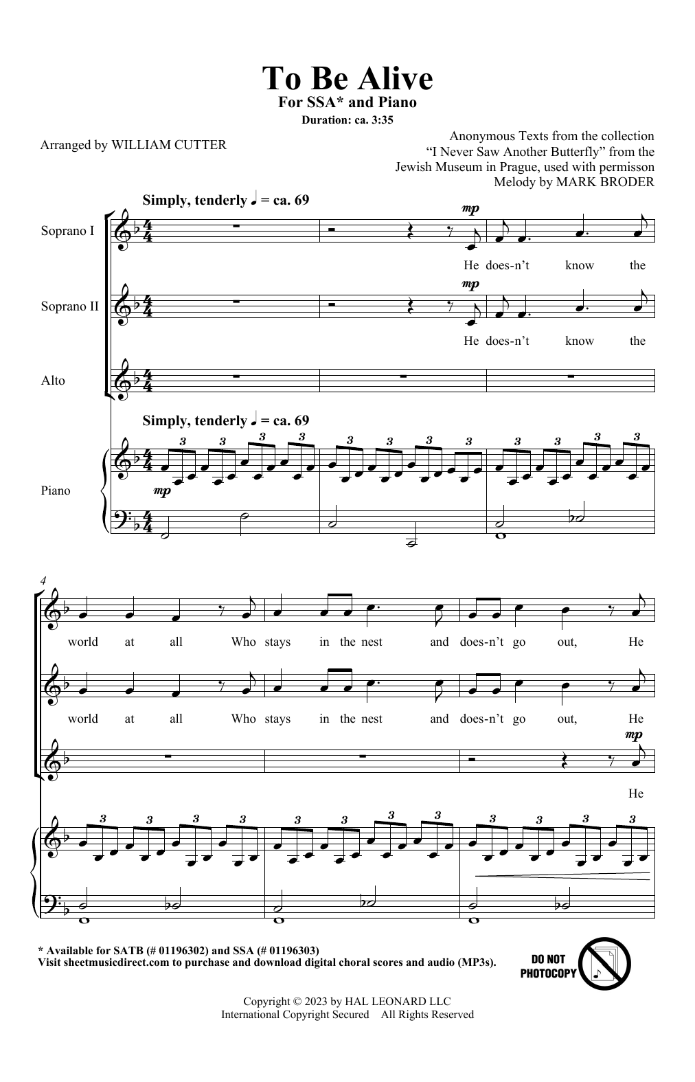 Mark Broder To Be Alive (Birdsong) (arr. Bill Cutler) sheet music notes printable PDF score