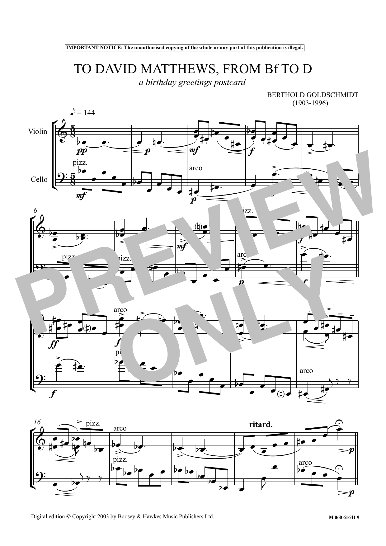 Download Berthold Goldschmidt To David Matthews From Bf To D (A Birth Sheet Music