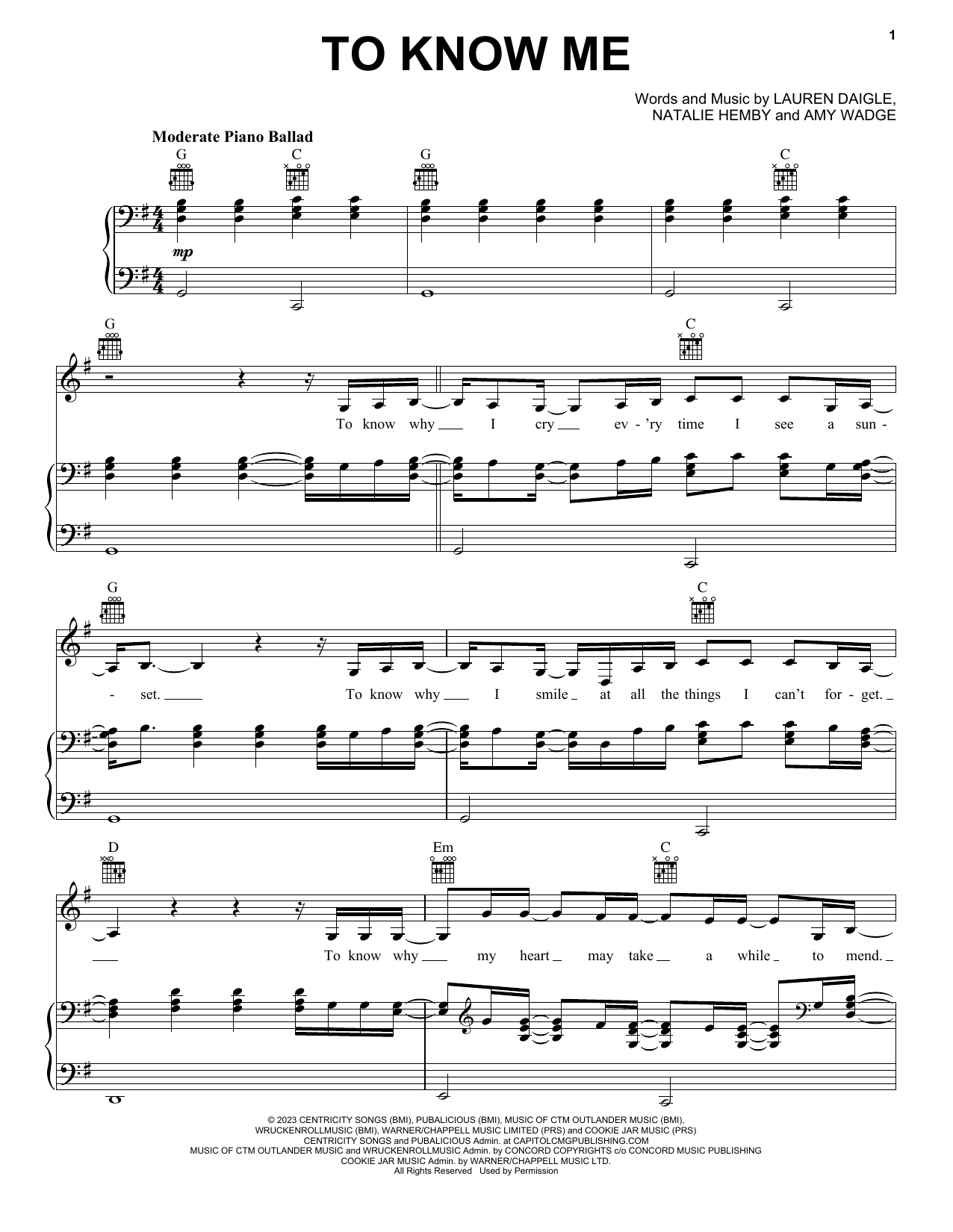 Download Lauren Daigle To Know Me Sheet Music