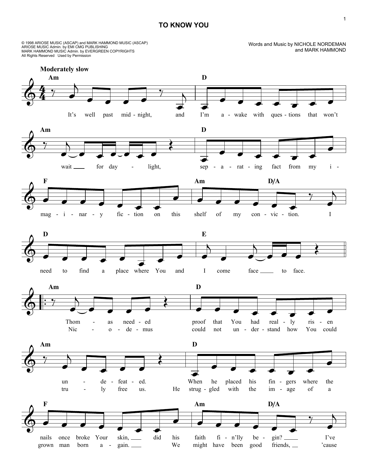Download Nichole Nordeman To Know You Sheet Music