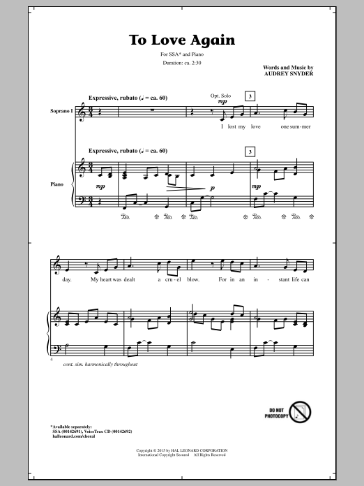 Download Audrey Snyder To Love Again Sheet Music
