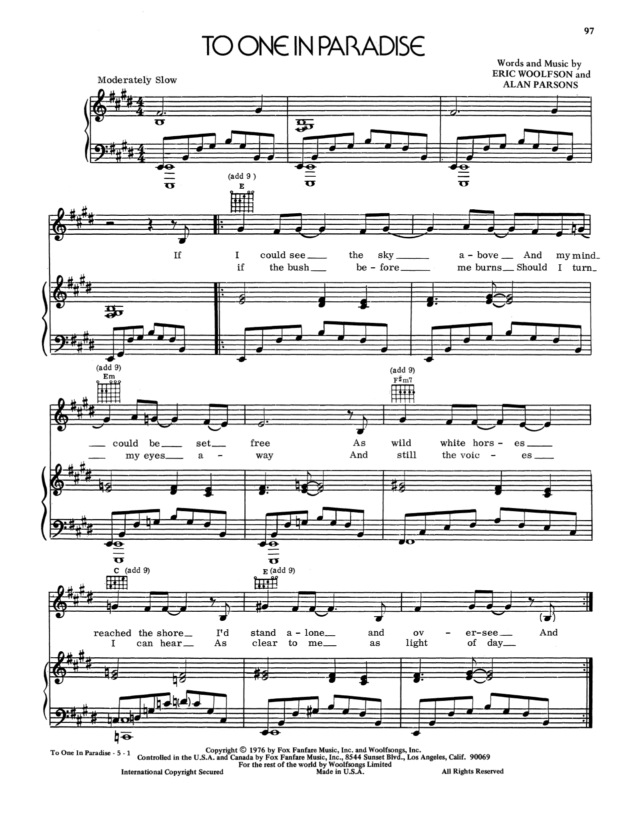 Download Alan Parsons Project To One In Paradise Sheet Music