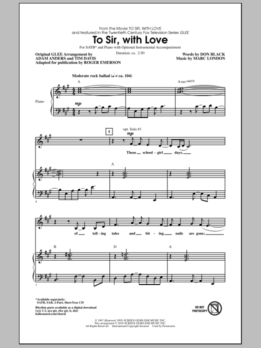 Download Roger Emerson To Sir, With Love Sheet Music