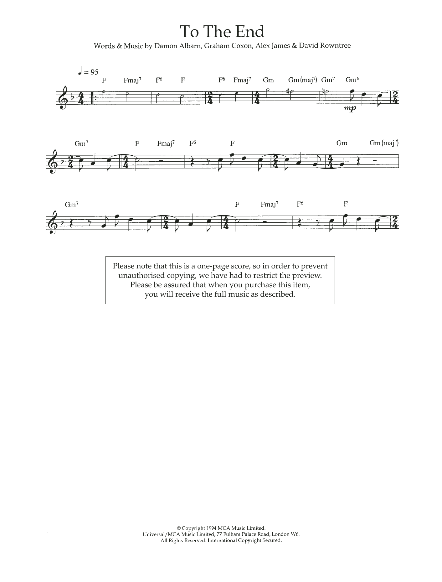 Download Blur To The End Sheet Music