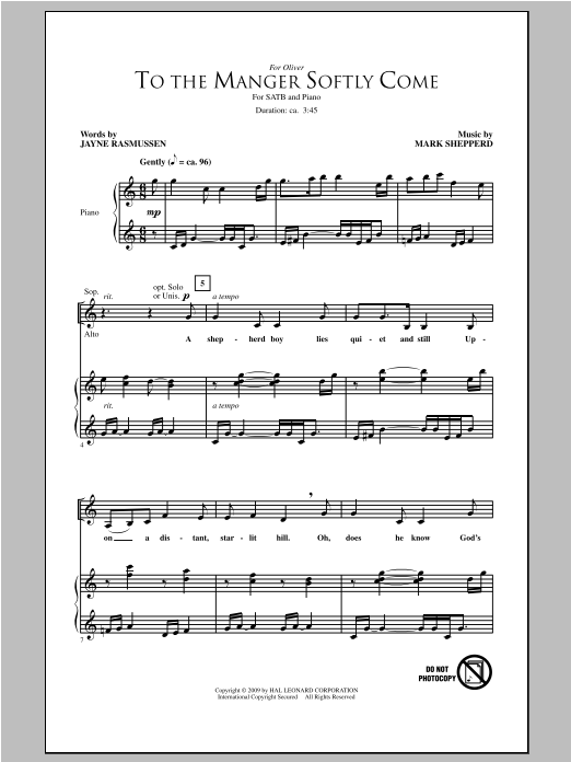 Download Mark Shepperd To The Manger Softly Come Sheet Music