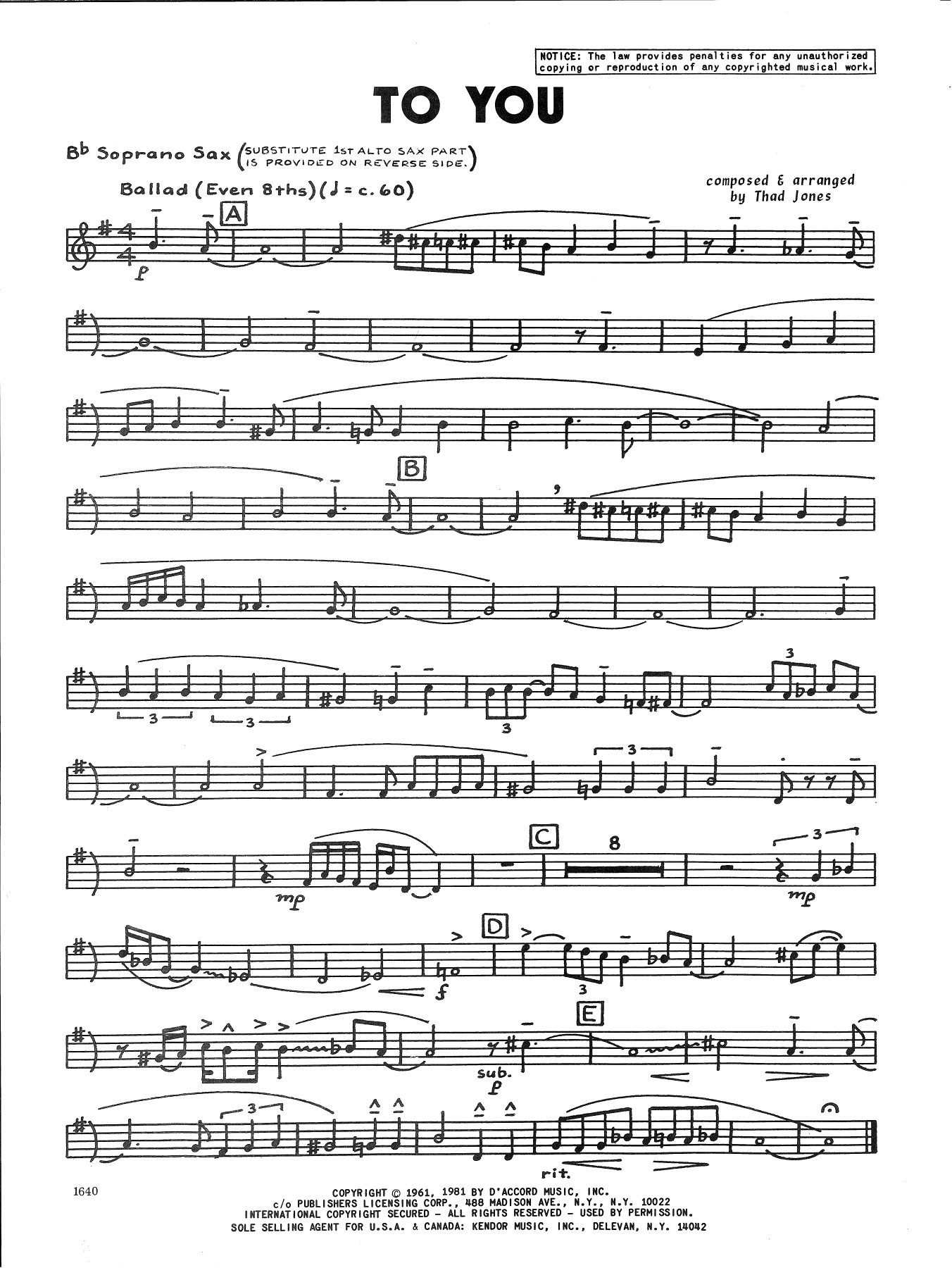 Download Thad Jones To You - 1st Eb Alto Saxophone Sheet Music