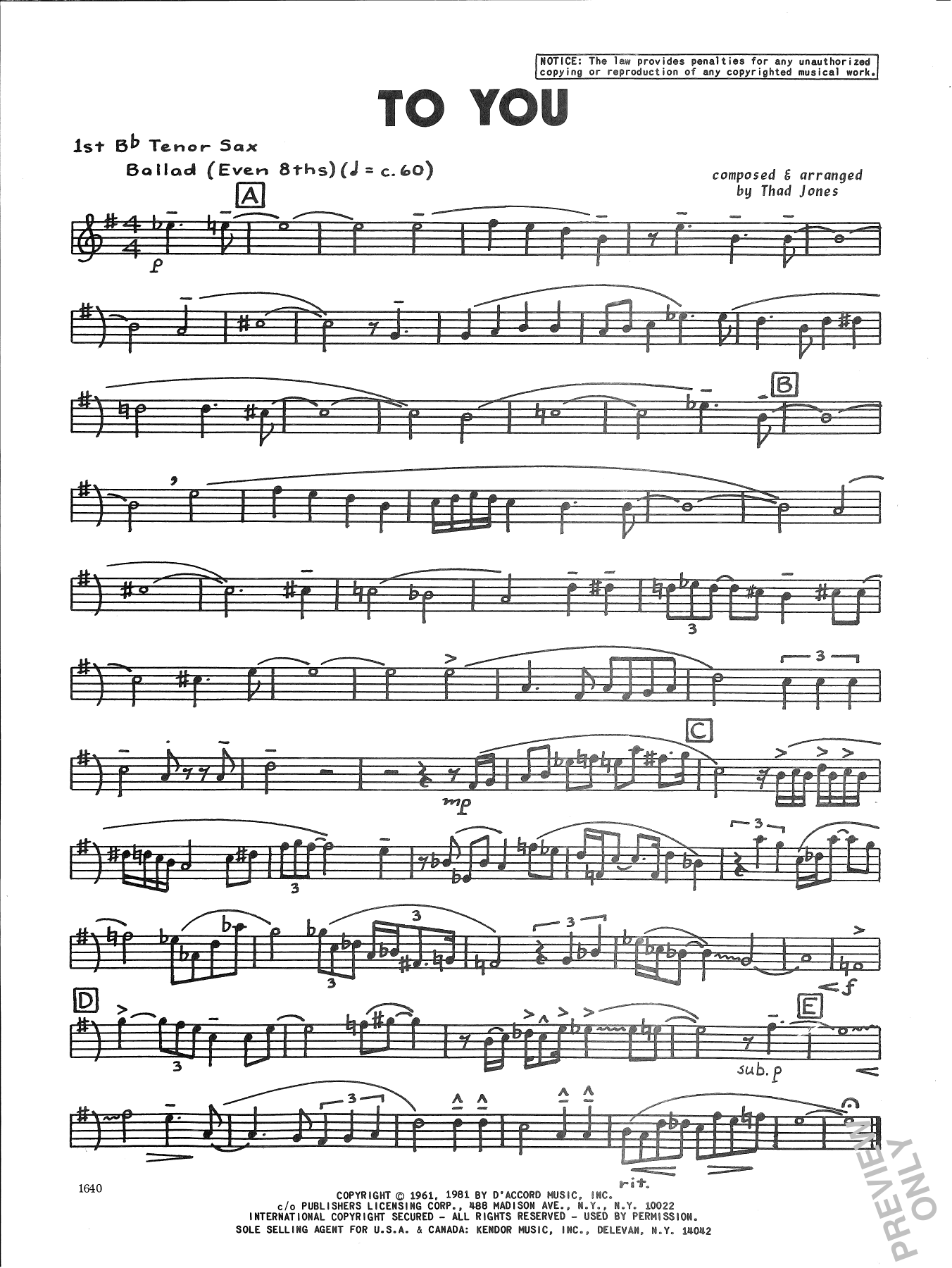 Download Thad Jones To You - 1st Tenor Saxophone Sheet Music