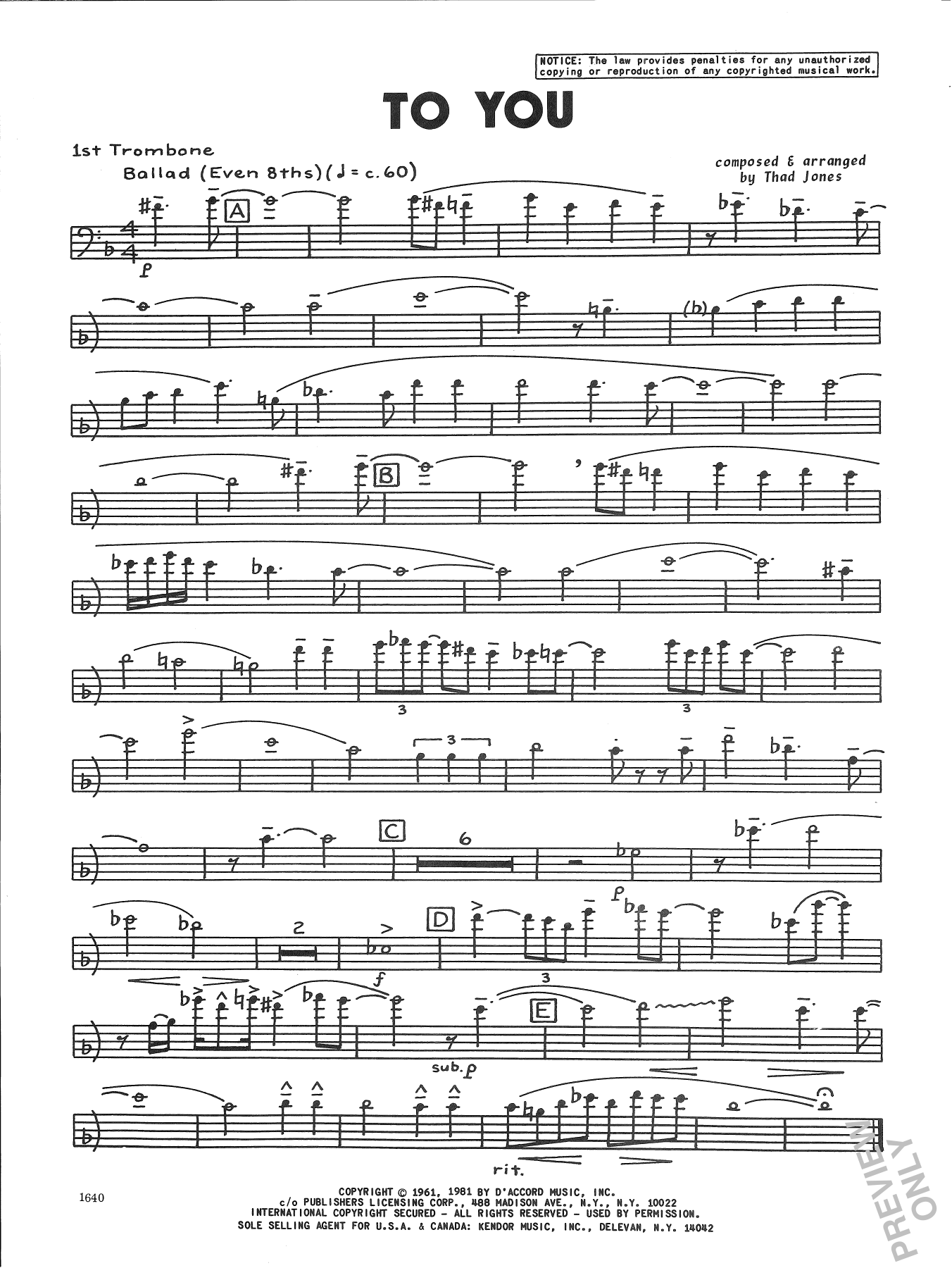 Download Thad Jones To You - 1st Trombone Sheet Music