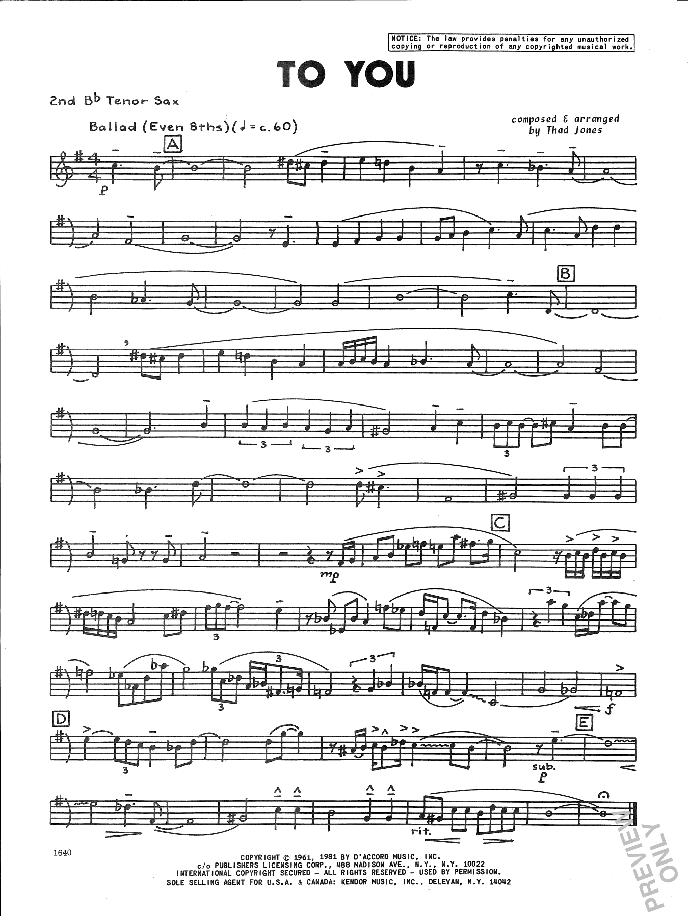 Download Thad Jones To You - 2nd Bb Tenor Saxophone Sheet Music