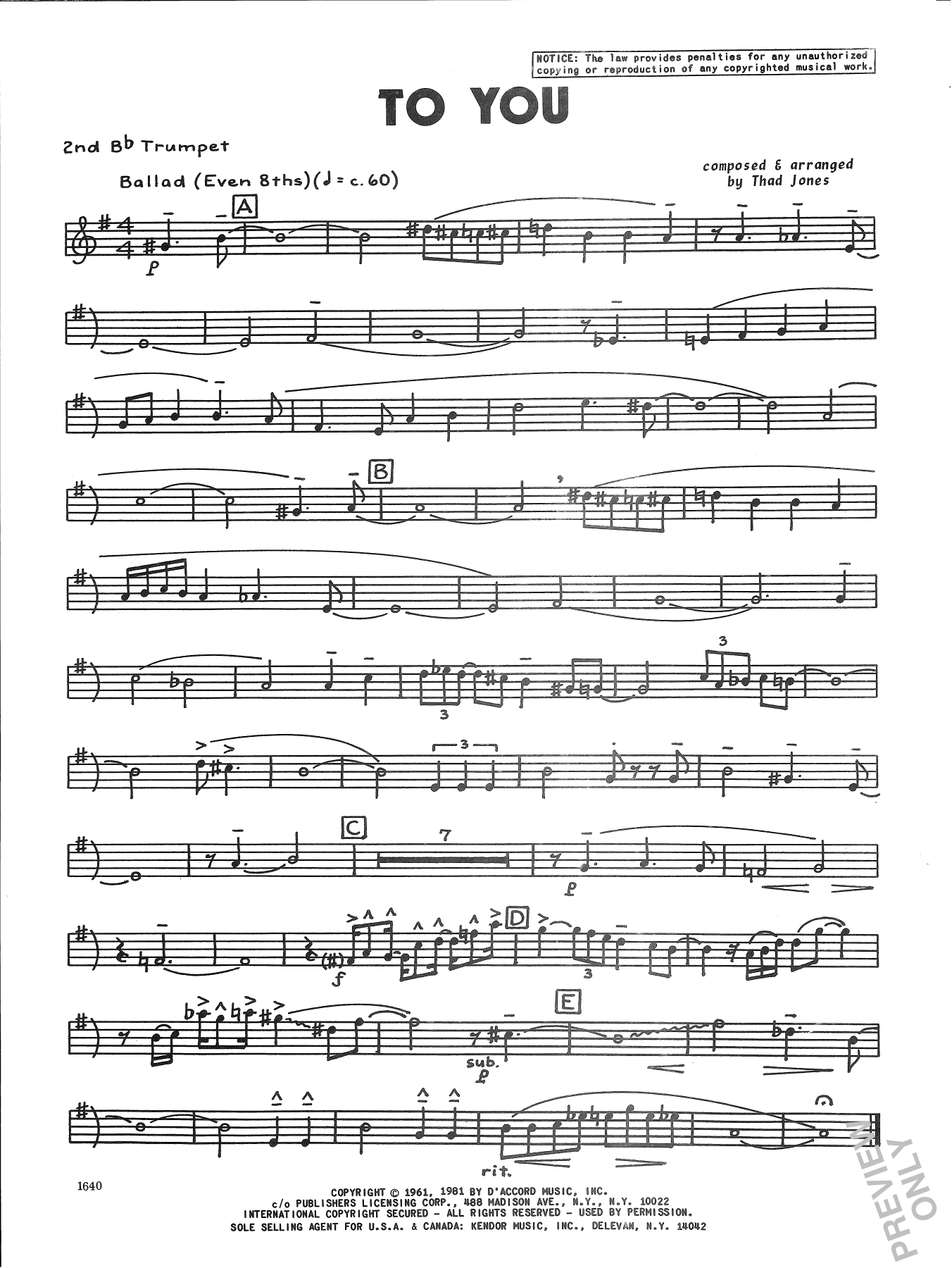 Download Thad Jones To You - 2nd Bb Trumpet Sheet Music