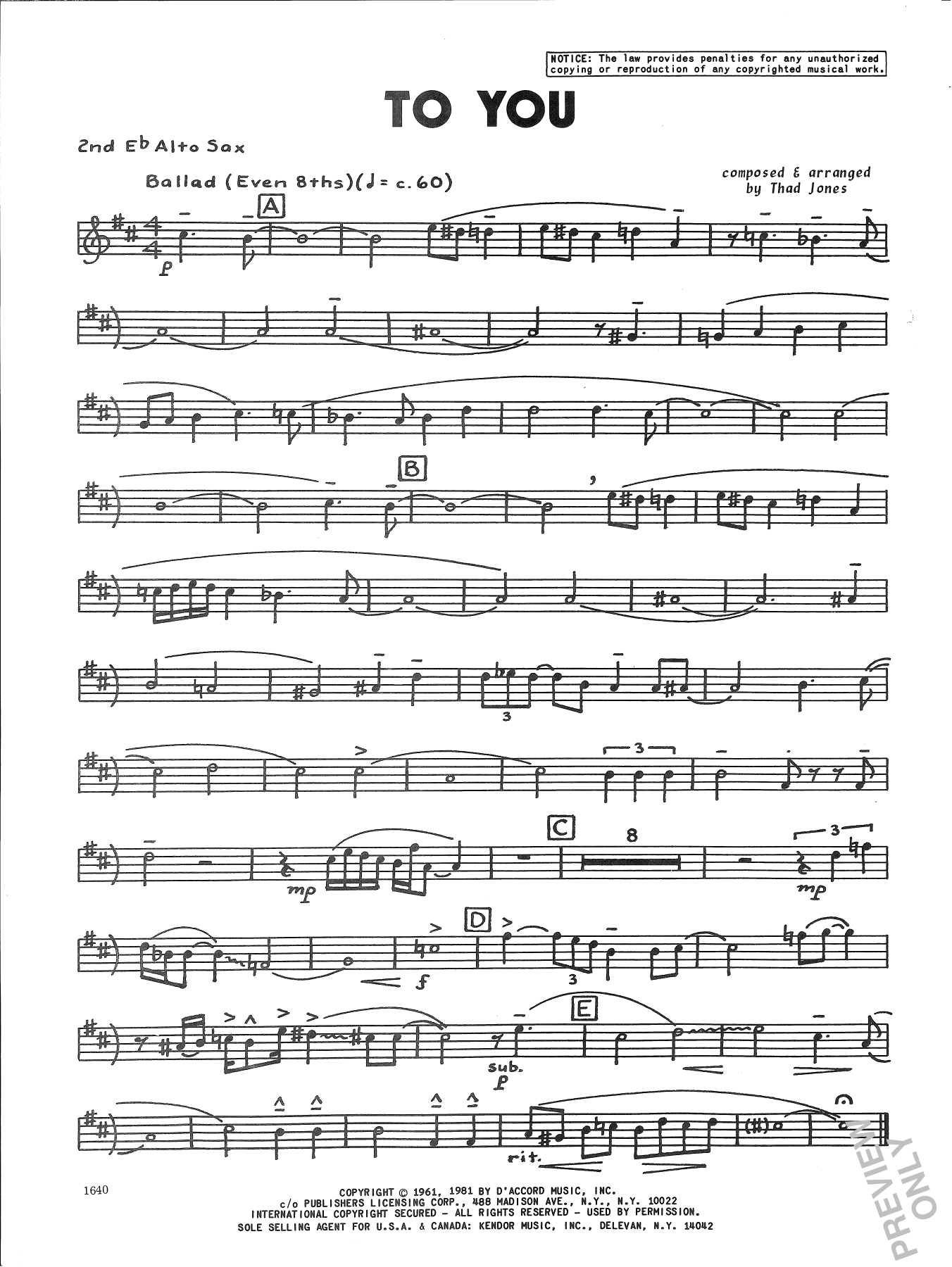 Download Thad Jones To You - 2nd Eb Alto Saxophone Sheet Music