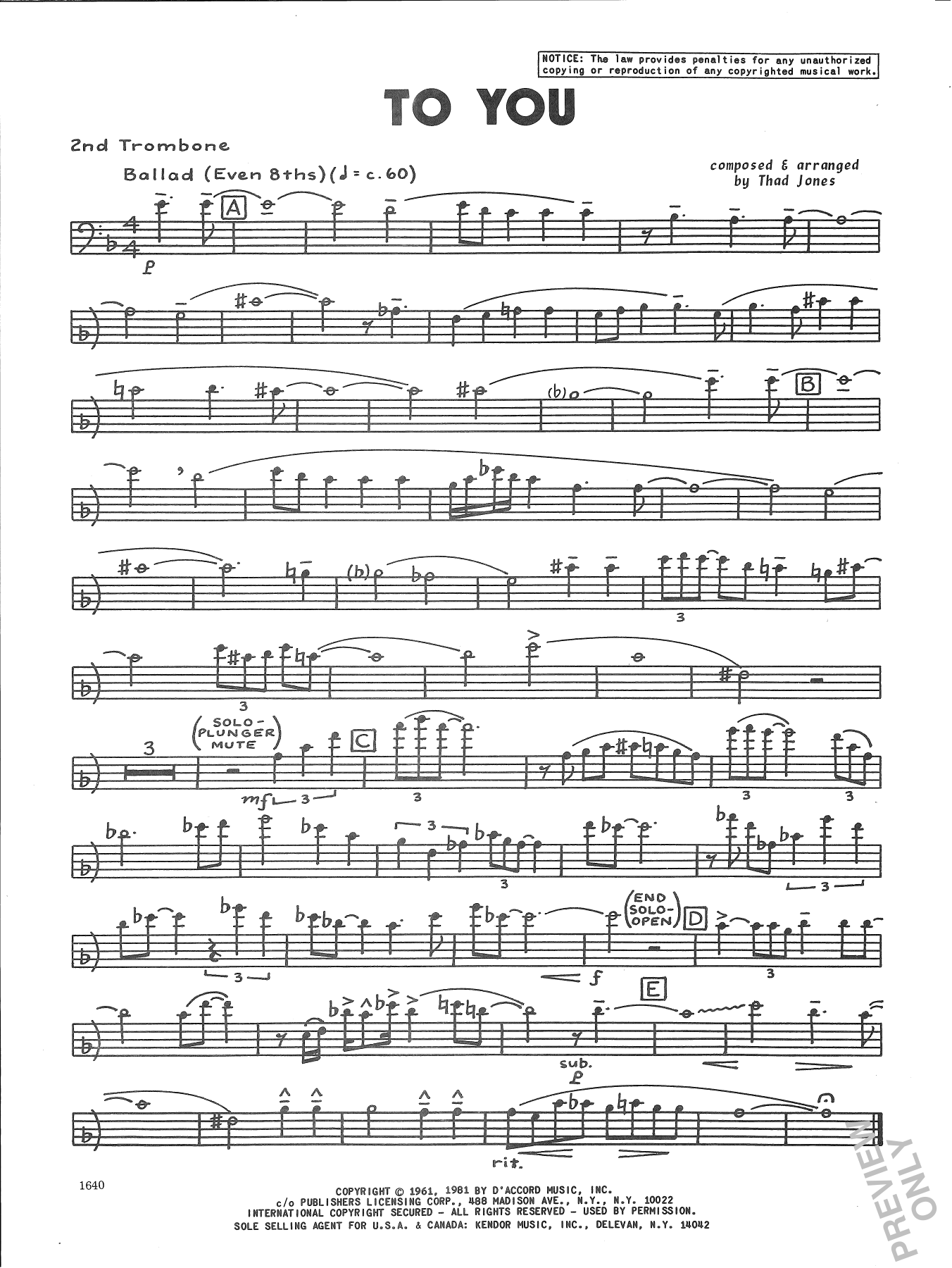 Download Thad Jones To You - 2nd Trombone Sheet Music