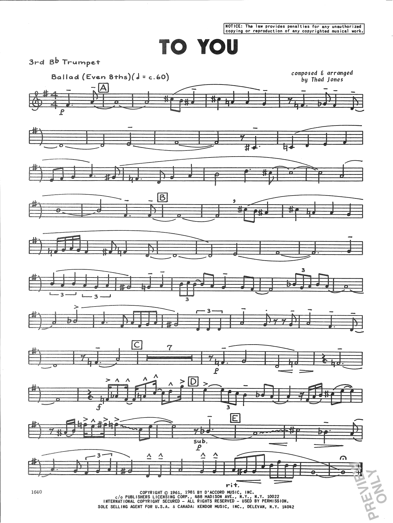 Download Thad Jones To You - 3rd Bb Trumpet Sheet Music