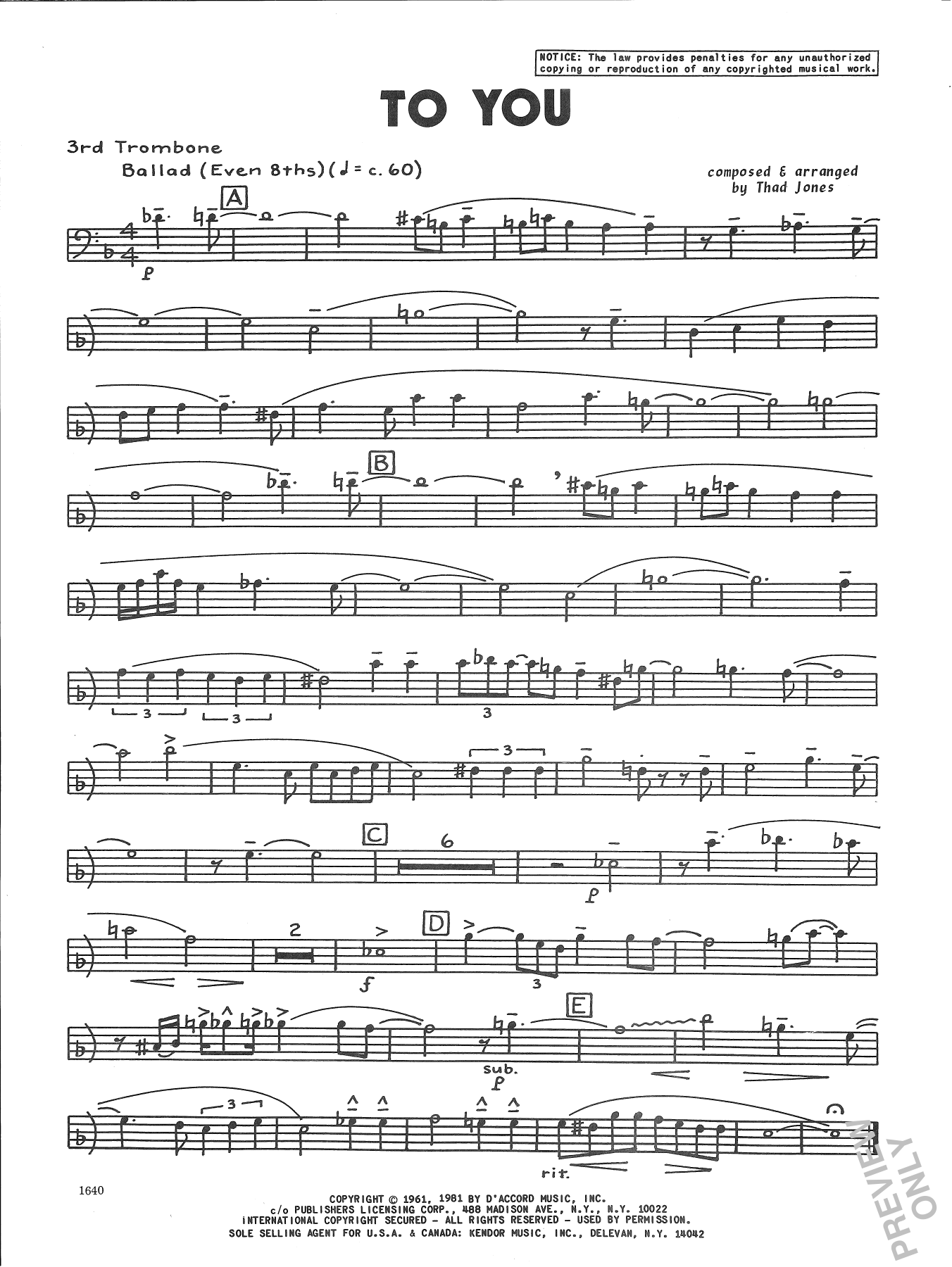 Download Thad Jones To You - 3rd Trombone Sheet Music