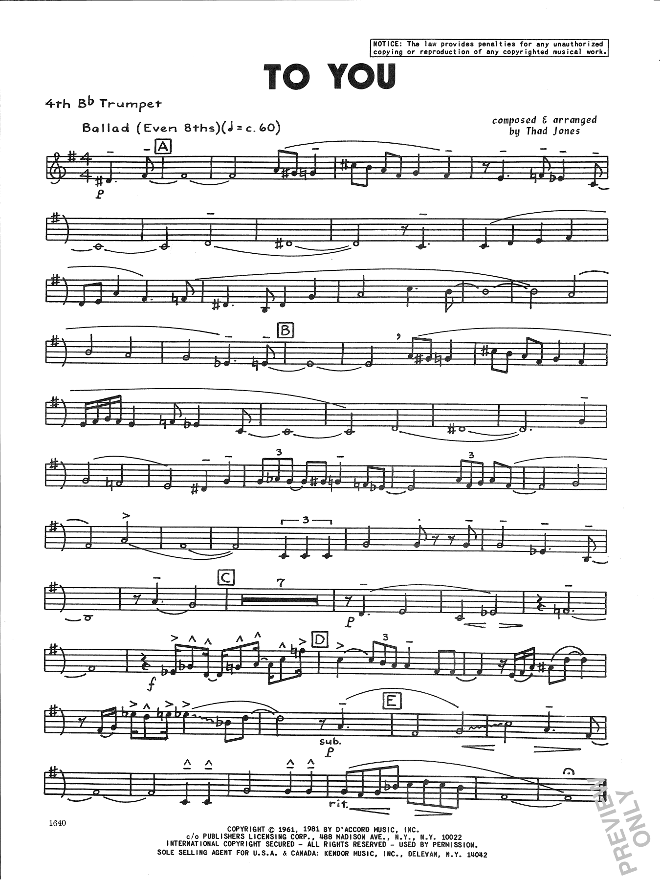 Download Thad Jones To You - 4th Bb Trumpet Sheet Music
