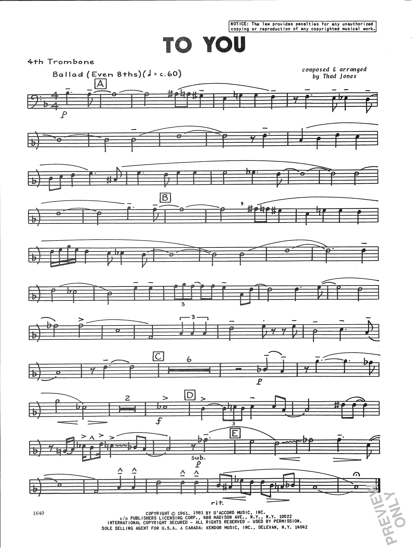 Download Thad Jones To You - 4th Trombone Sheet Music