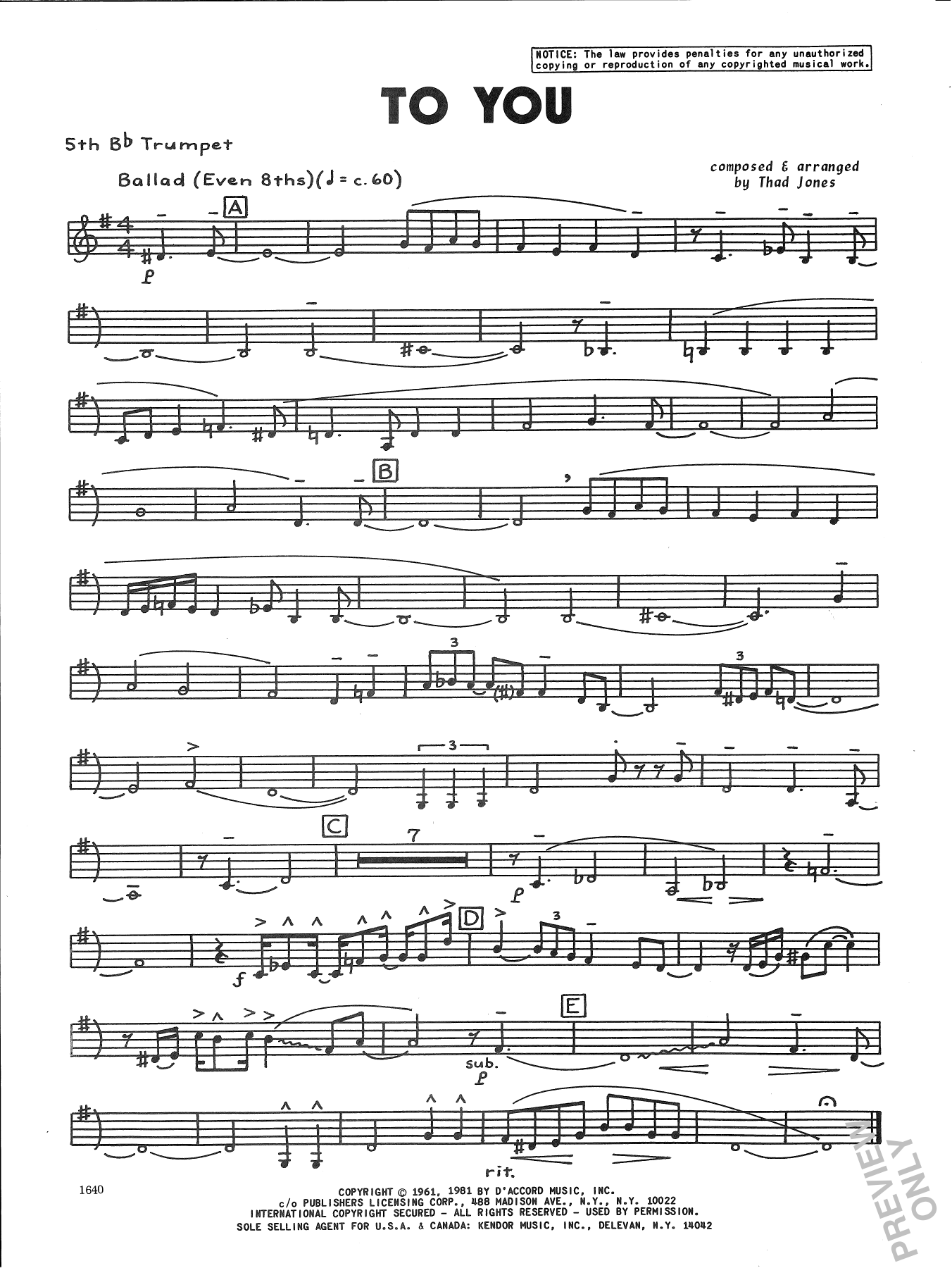 Download Thad Jones To You - 5th Bb Trumpet Sheet Music