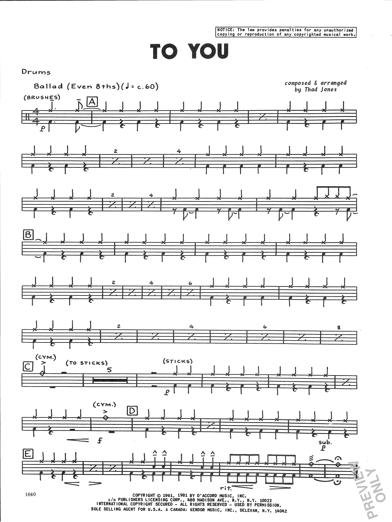 Download Thad Jones To You - Drum Set Sheet Music