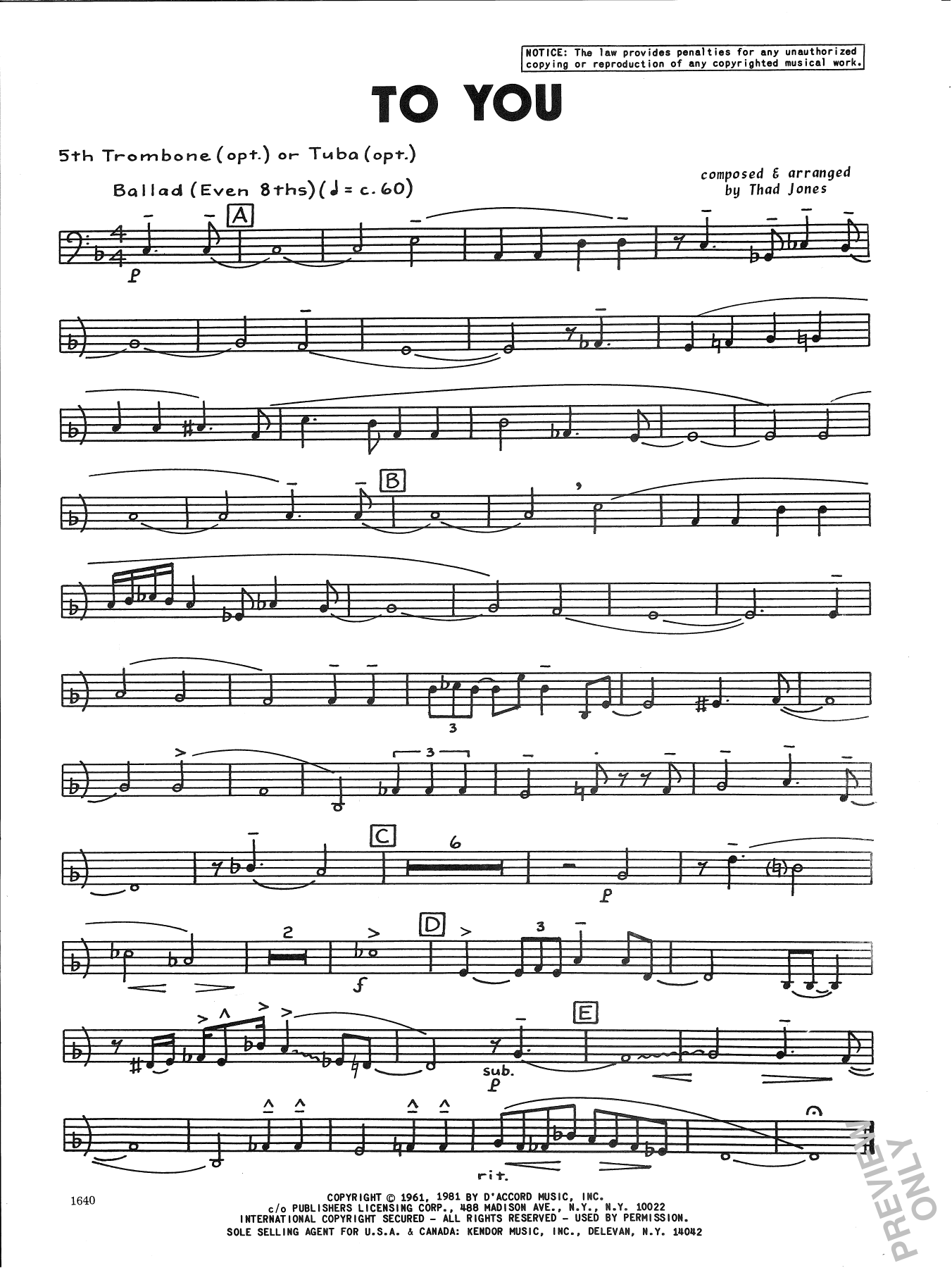 Download Thad Jones To You - Trombone 5 Sheet Music