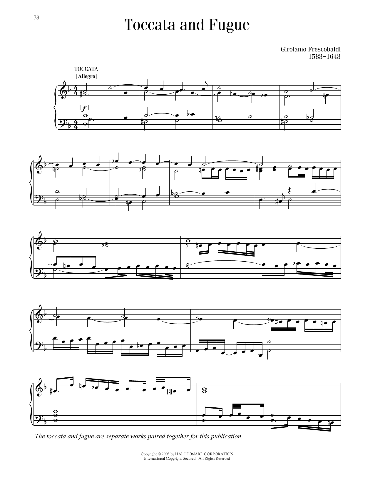 Girolamo Frescobaldi Toccata And Fugue sheet music notes printable PDF score