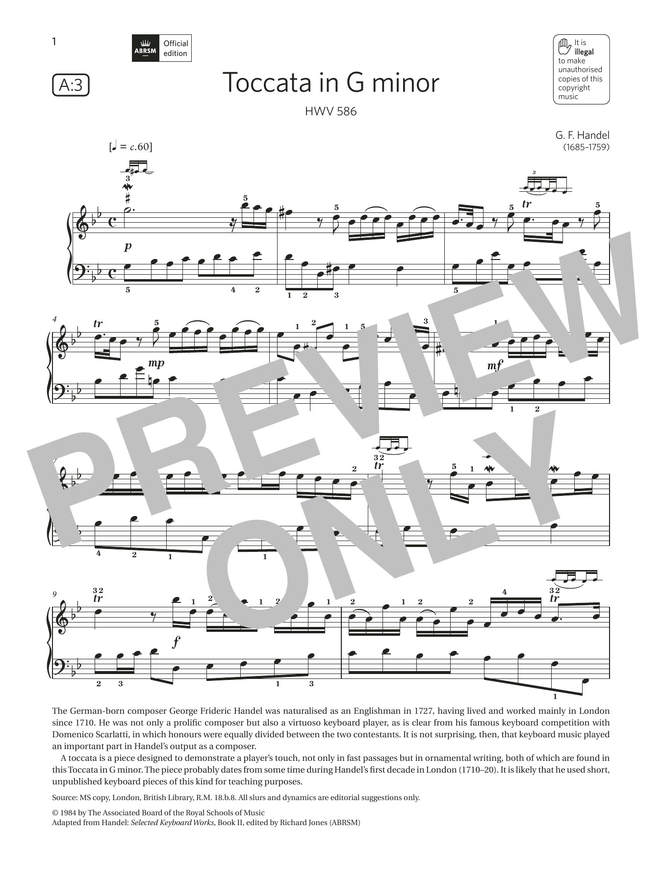 Download G. F. Handel Toccata in G minor (Grade 5, list A3, f Sheet Music