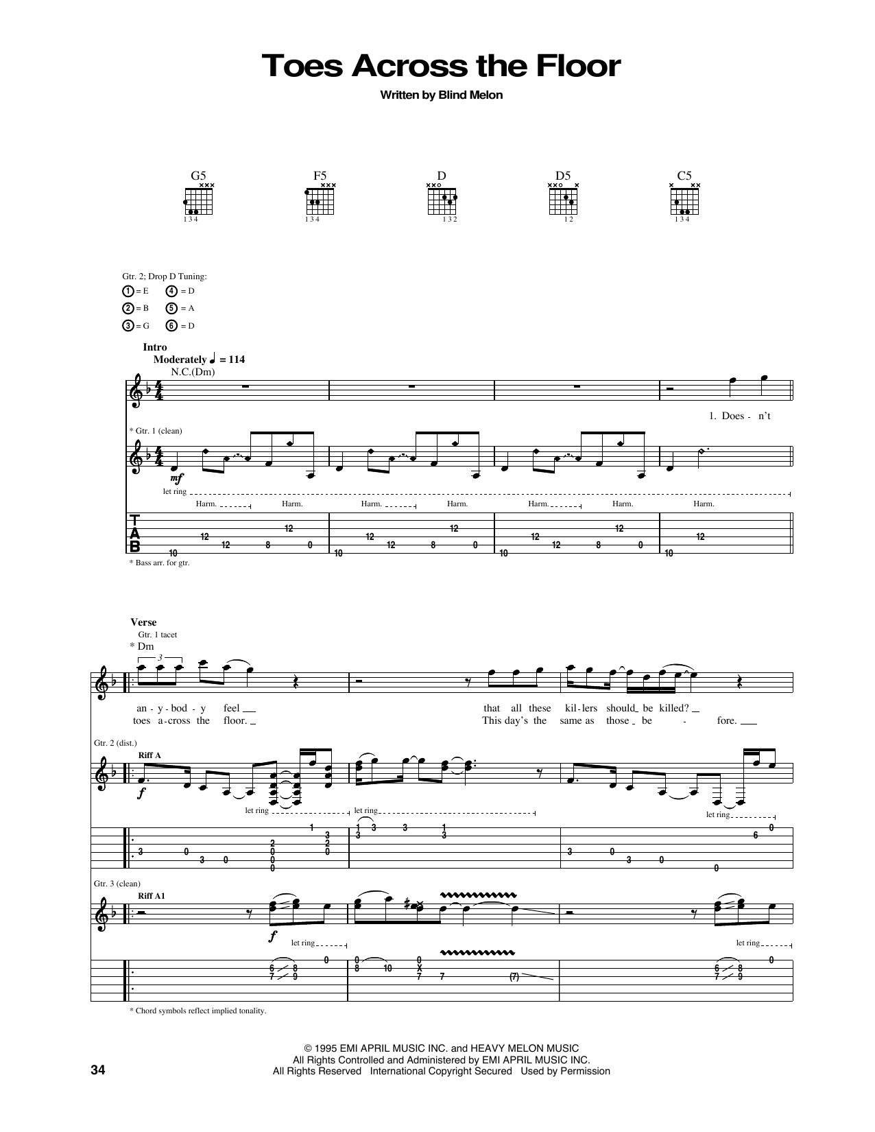 Download Blind Melon Toes Across The Floor Sheet Music