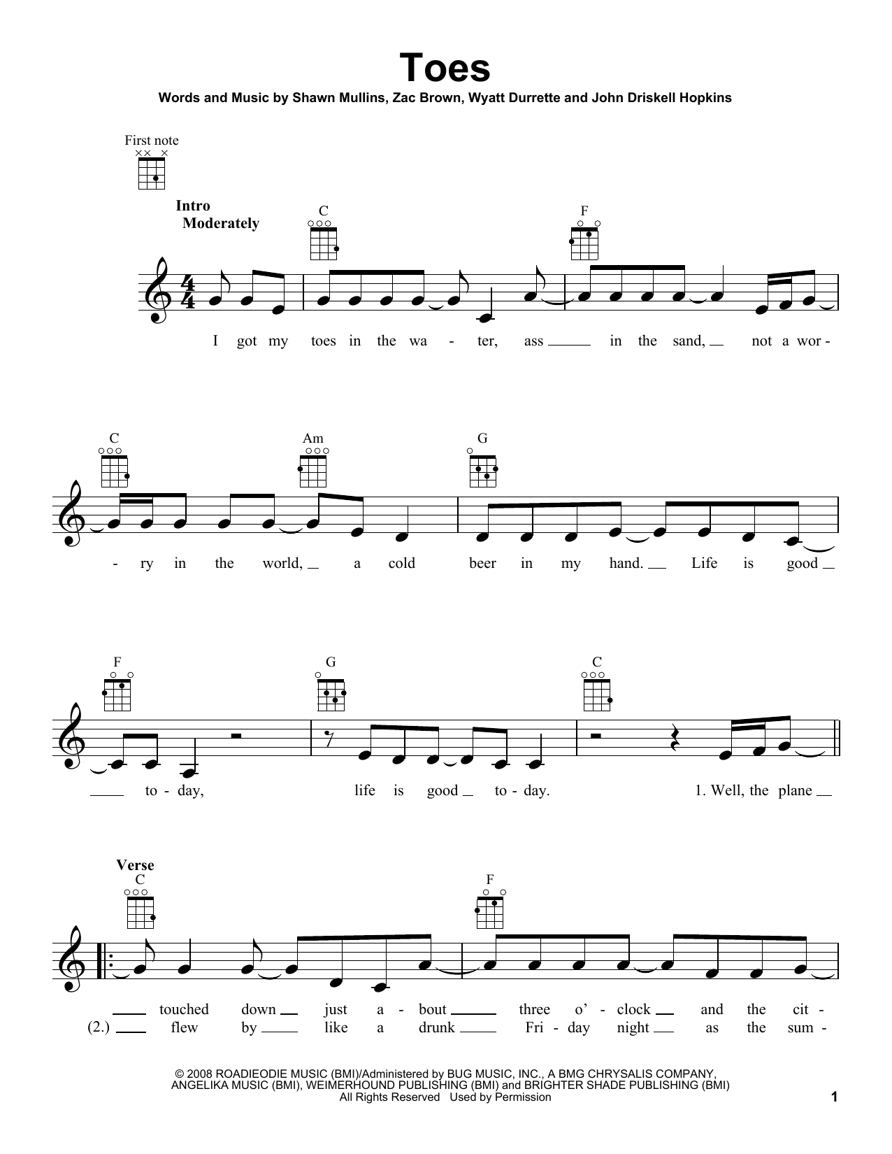 Download Zac Brown Band Toes Sheet Music