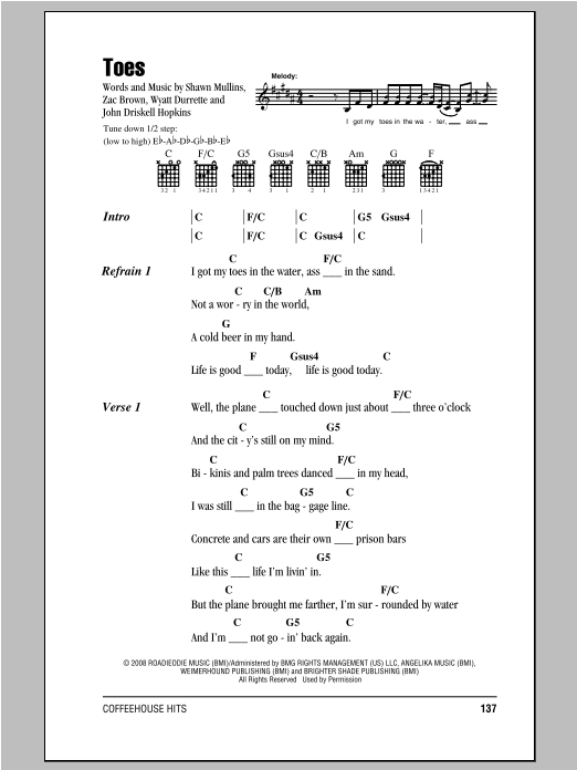 Download Zac Brown Band Toes Sheet Music