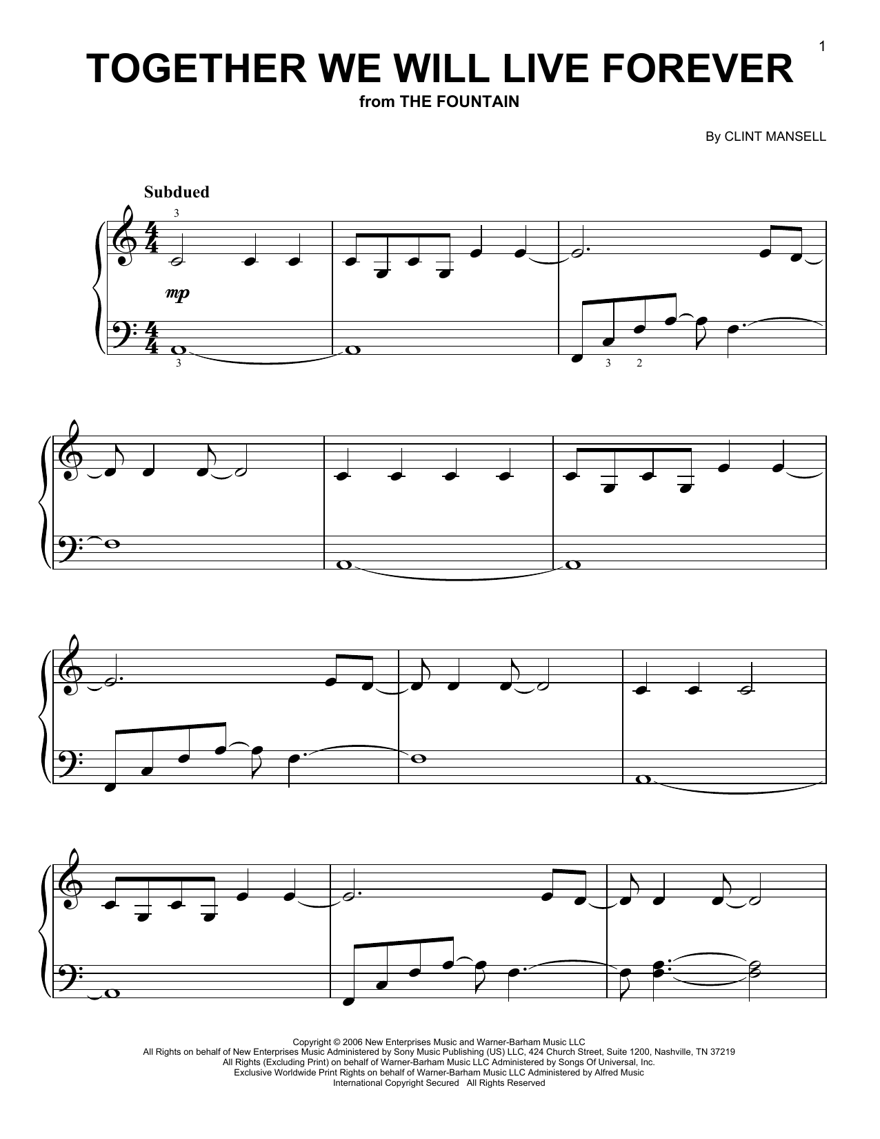 Download Clint Mansell Together We Will Live Forever (from The Sheet Music