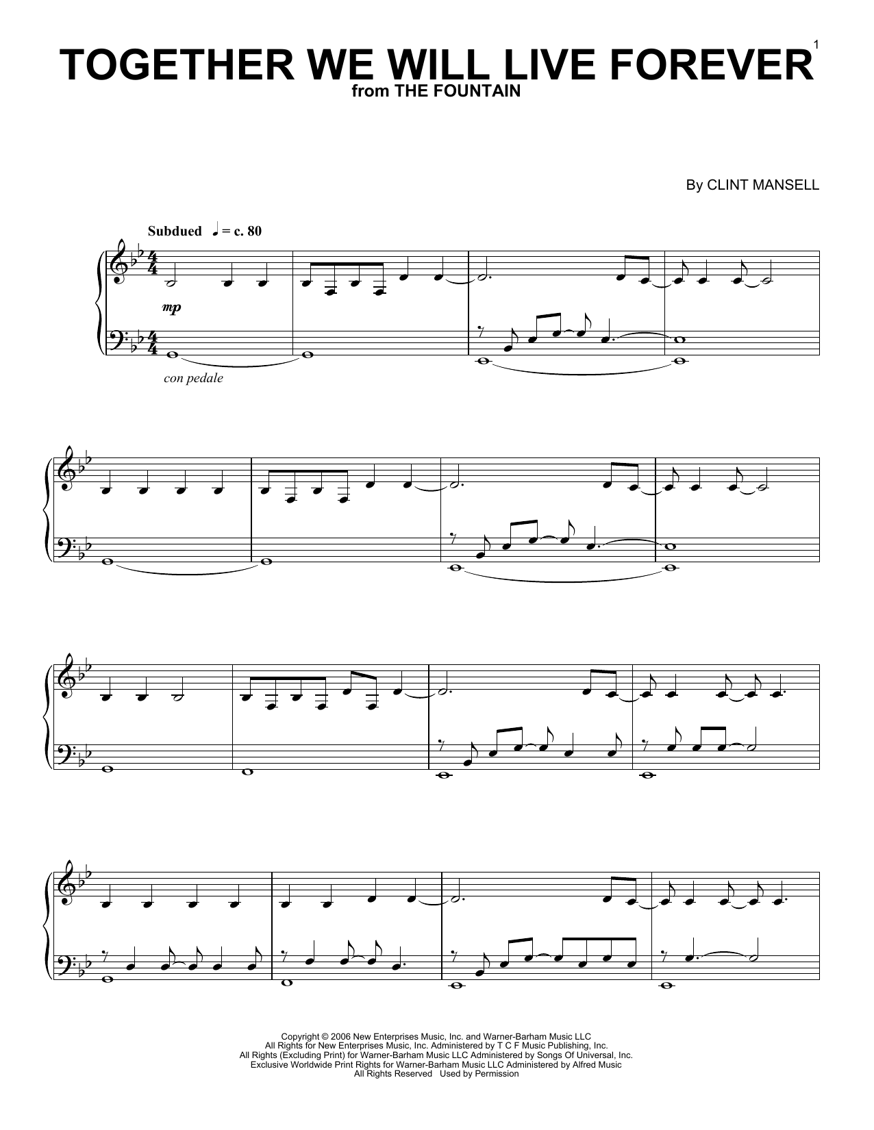 Download Clint Mansell Together We Will Live Forever Sheet Music