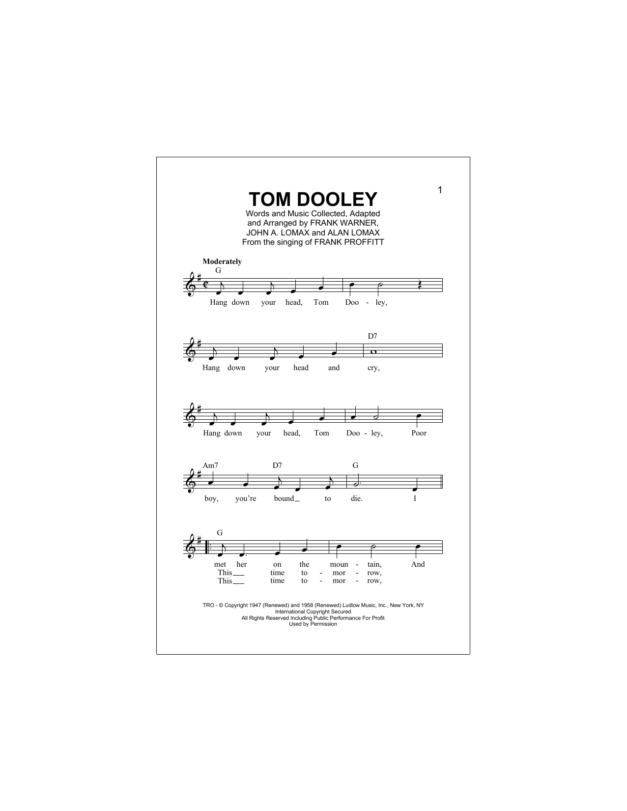 Download Kingston Trio Tom Dooley Sheet Music