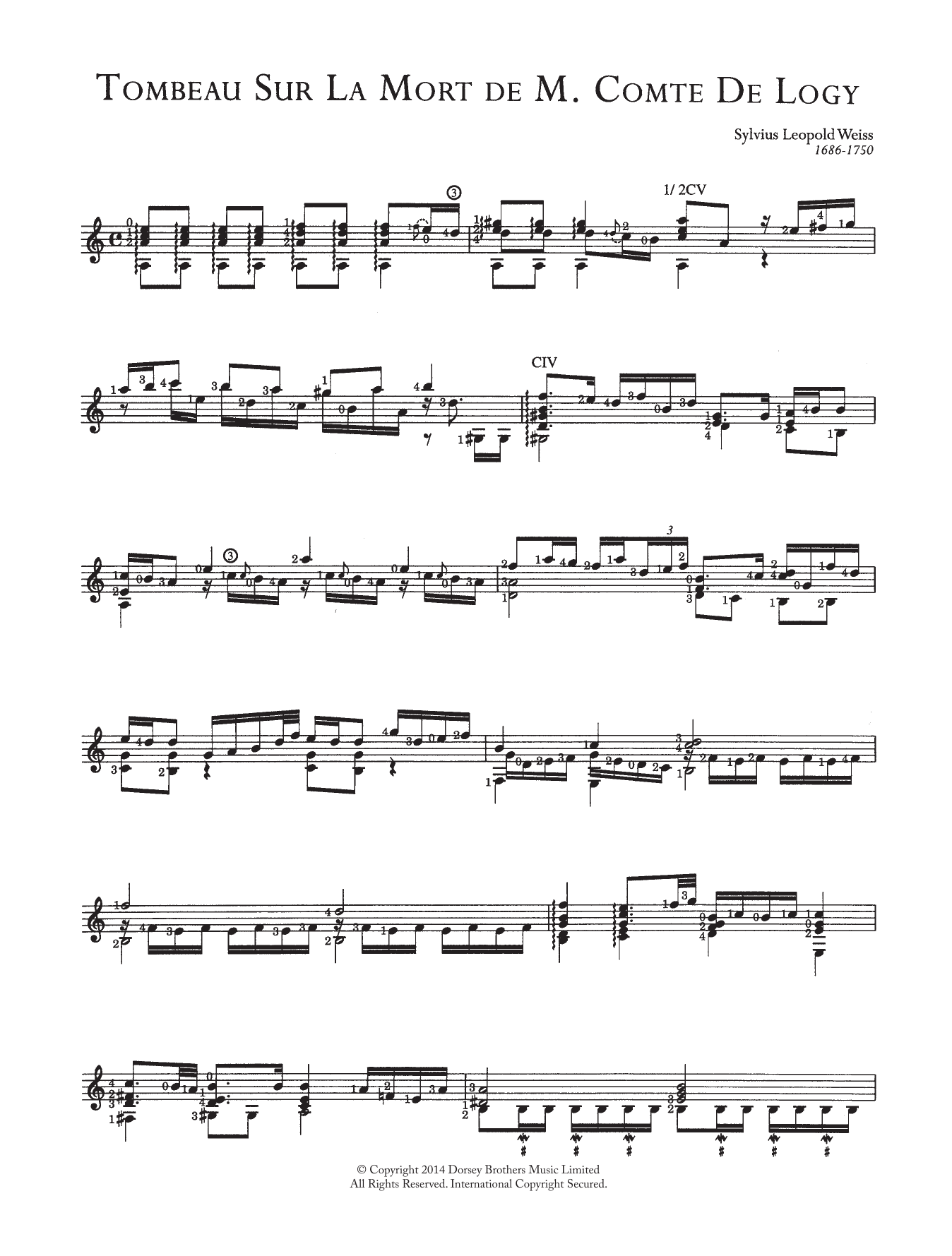 Download Sylvius Leopold Weiss Tombeau Sur La Mort De M. Comte De Logy Sheet Music