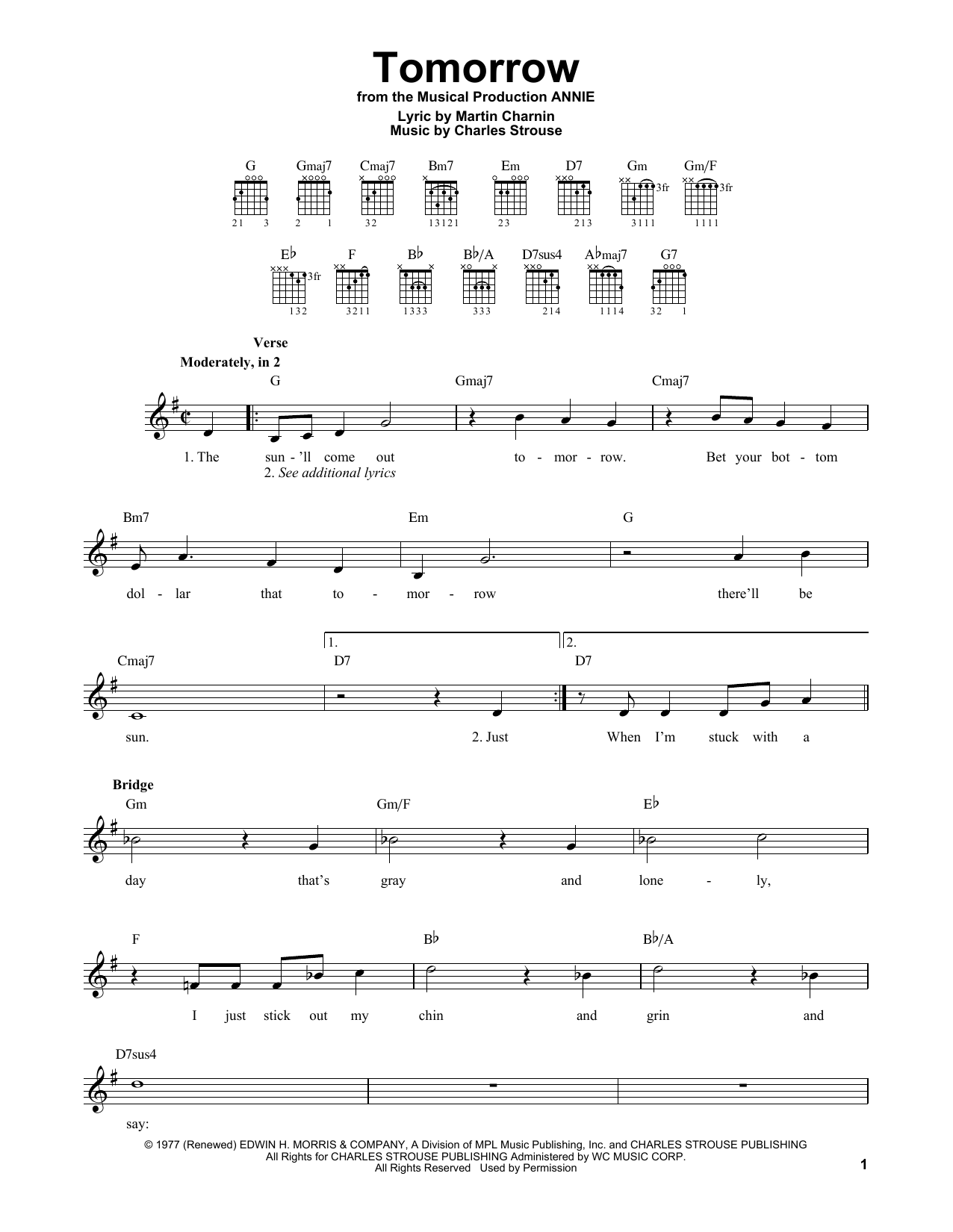 Charles Strouse Tomorrow (from Annie) sheet music notes printable PDF score